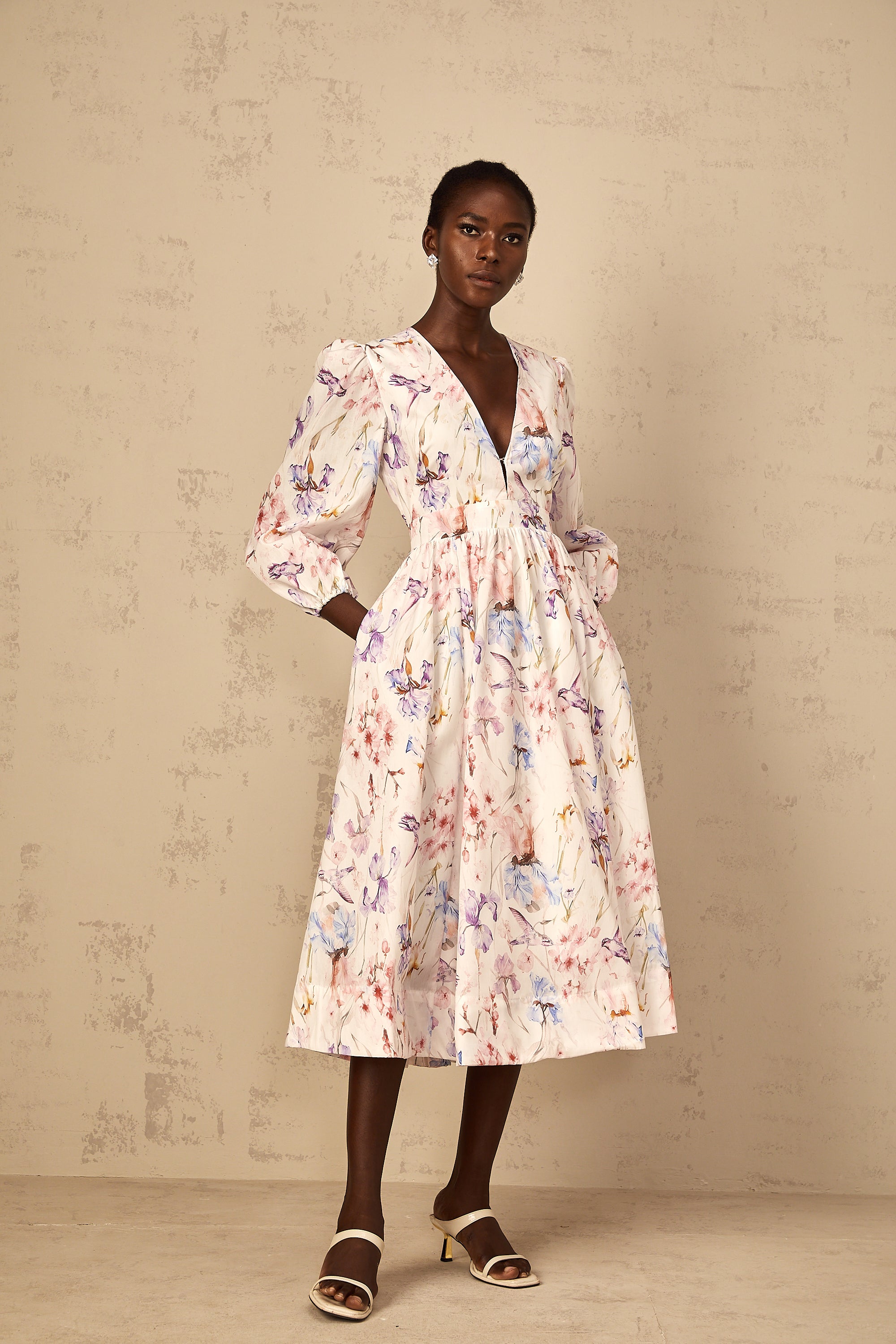 Géraldine White V-Neck Floral Print Midi Dress (Final Sale)