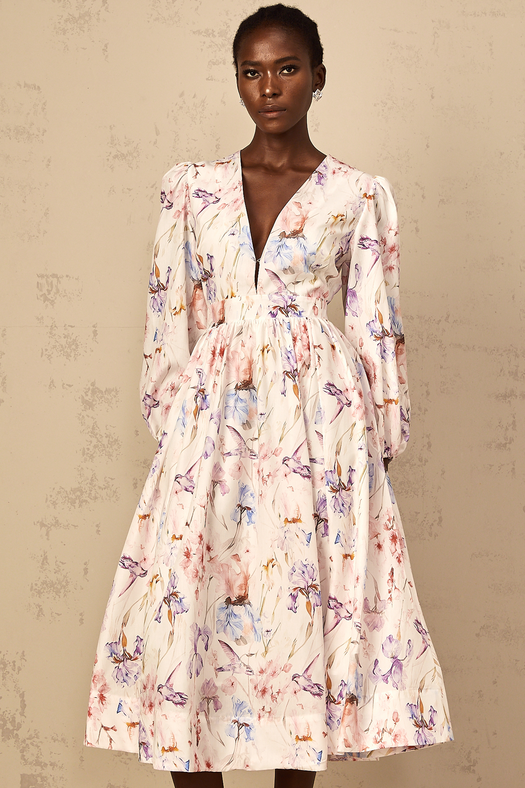 Géraldine White V-Neck Floral Print Midi Dress (Final Sale)