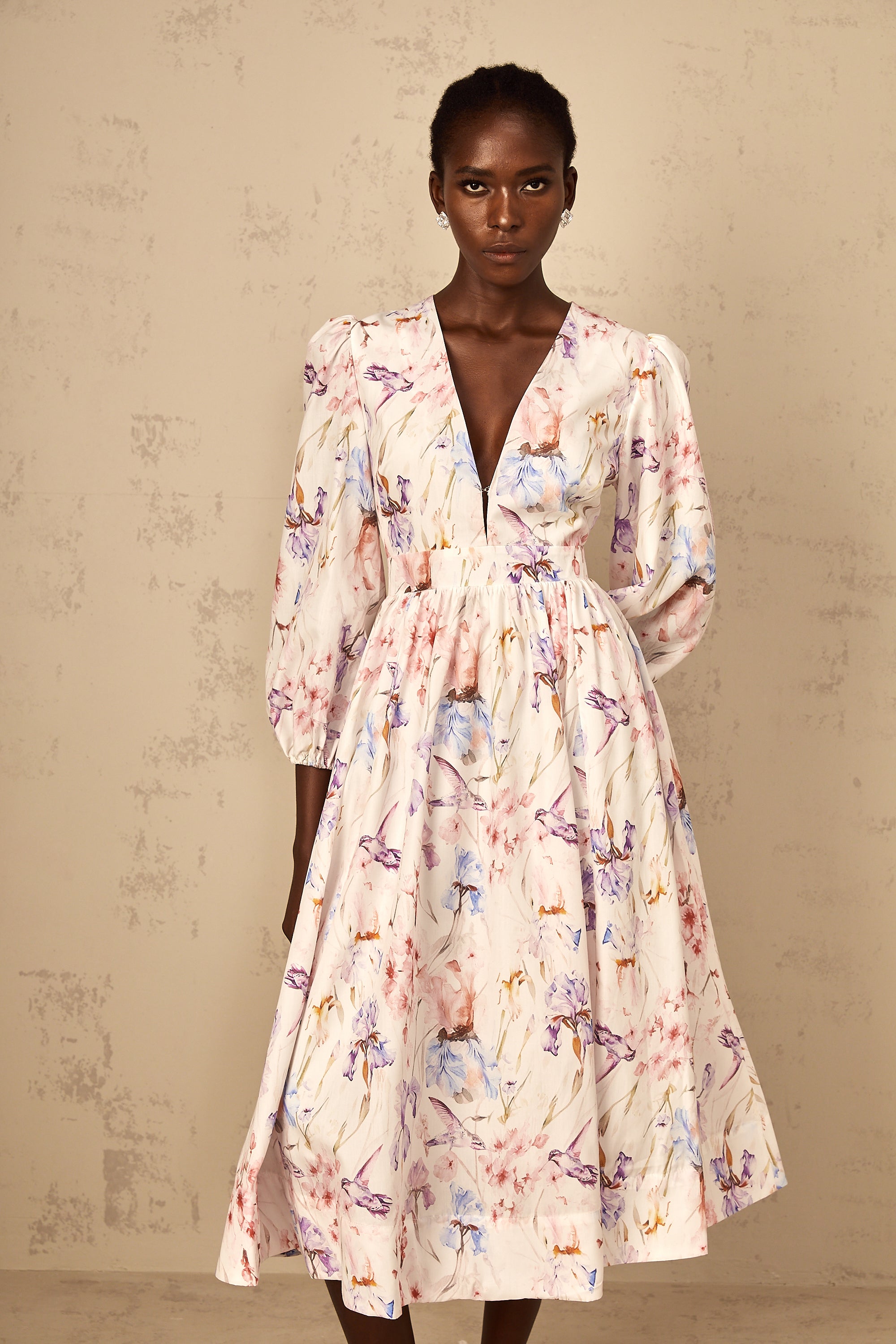 Géraldine White V-Neck Floral Print Midi Dress (Final Sale)
