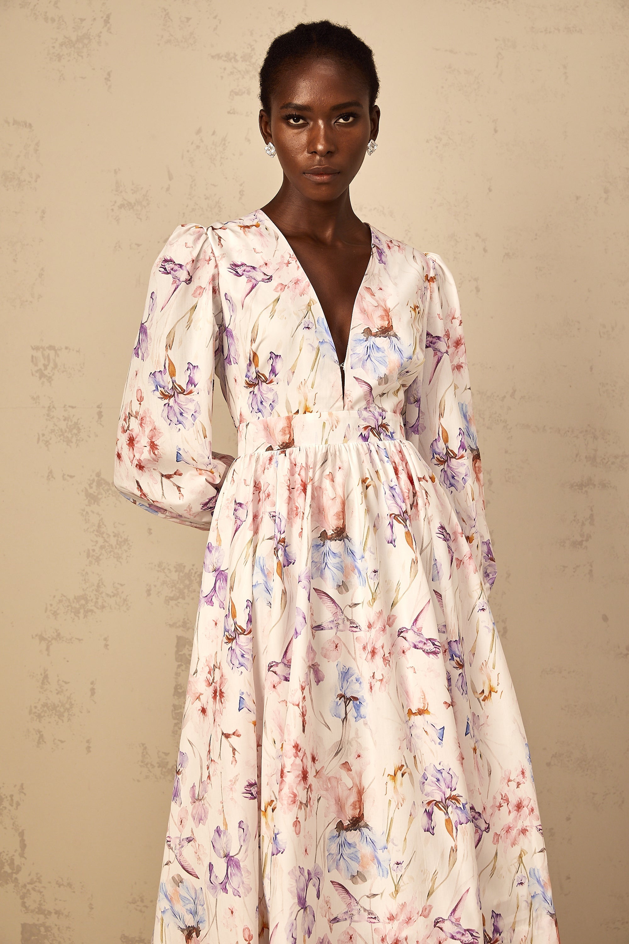 Géraldine White V-Neck Floral Print Midi Dress (Final Sale)
