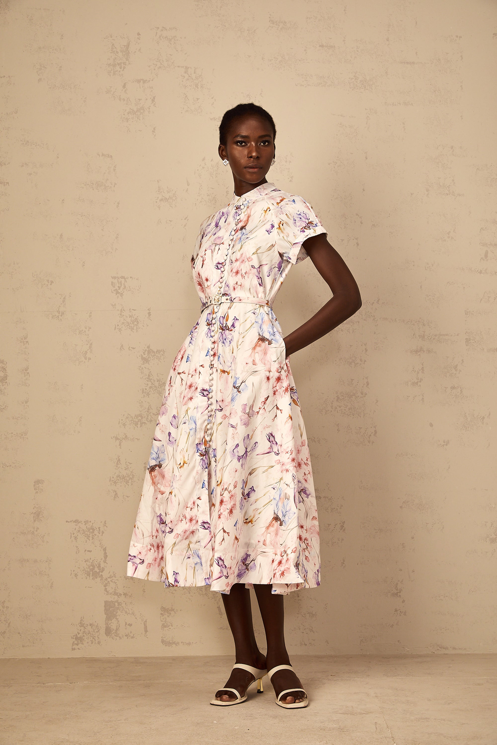 Géraldine White Mock-Neck Floral Print Midi Dress