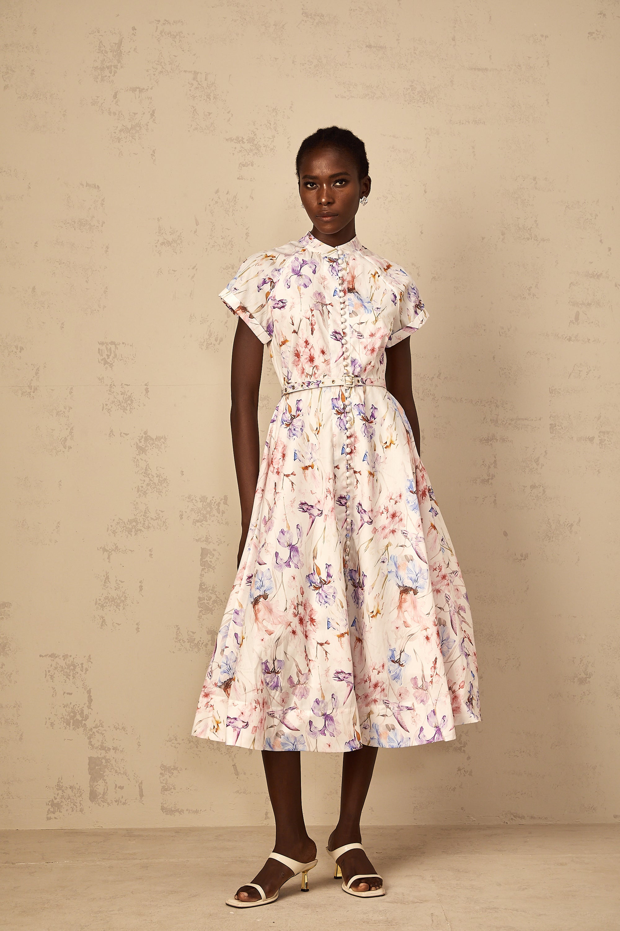 Géraldine White Mock-Neck Floral Print Midi Dress
