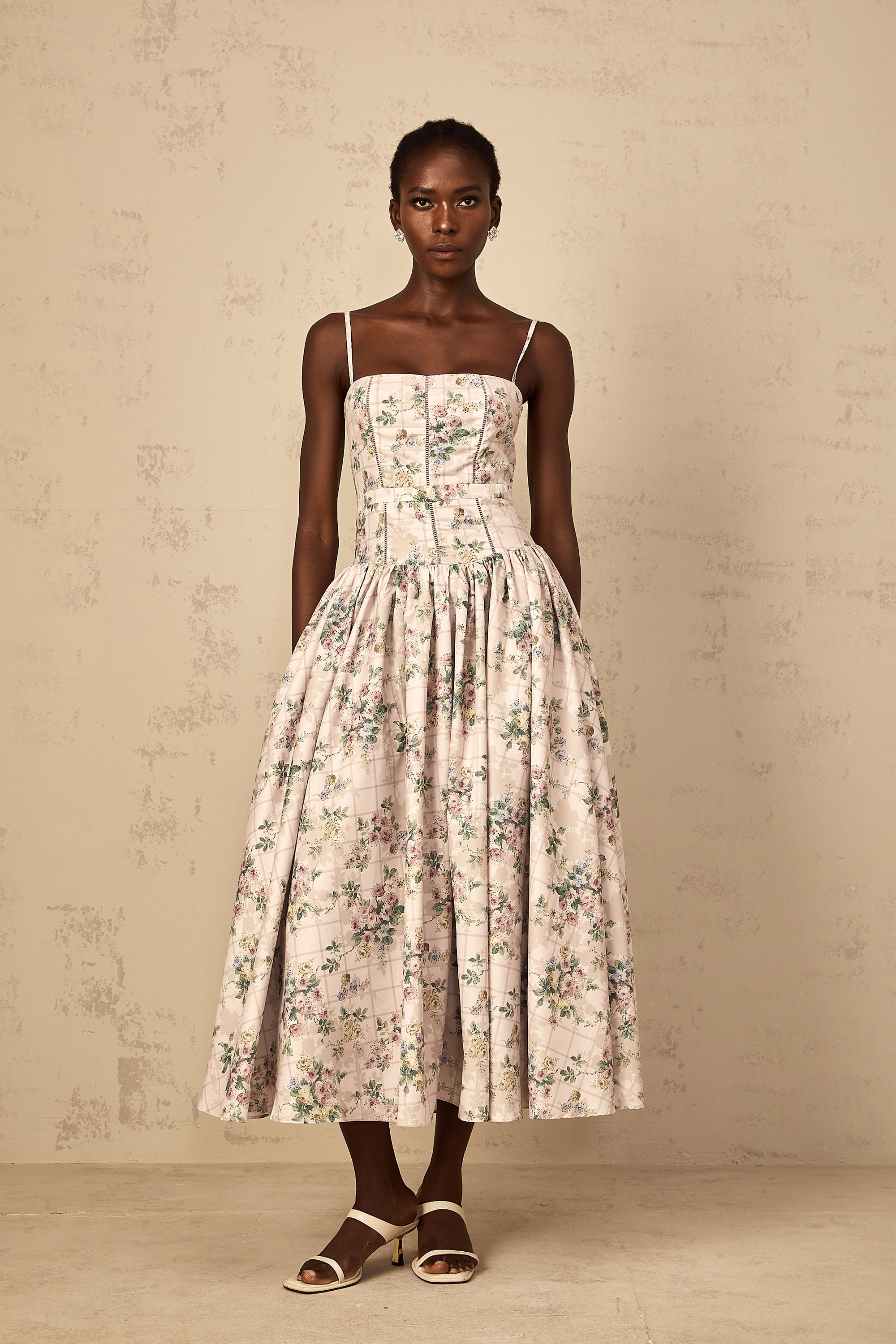 Fleur Neutral Floral Print Midi Dress