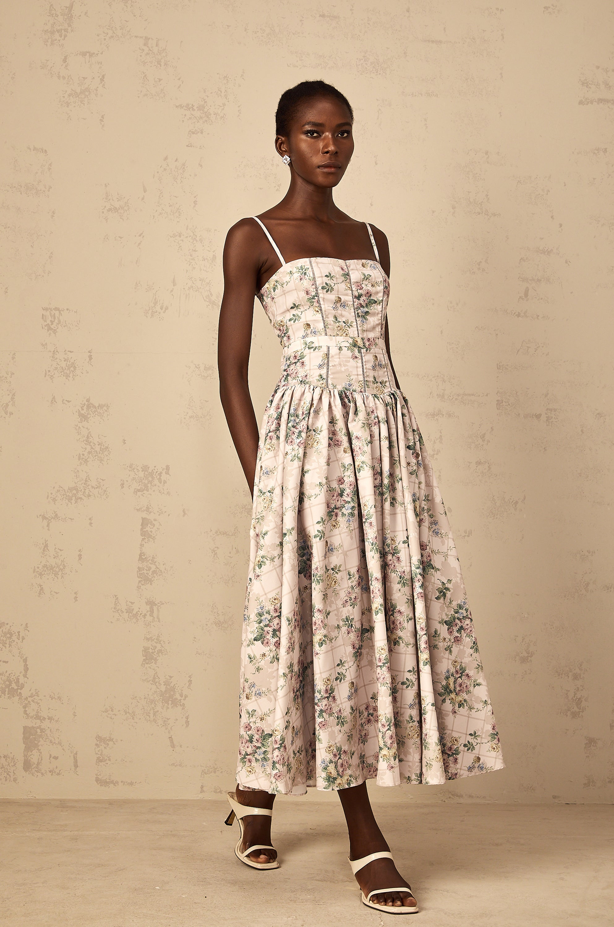 Fleur Neutral Floral Print Midi Dress
