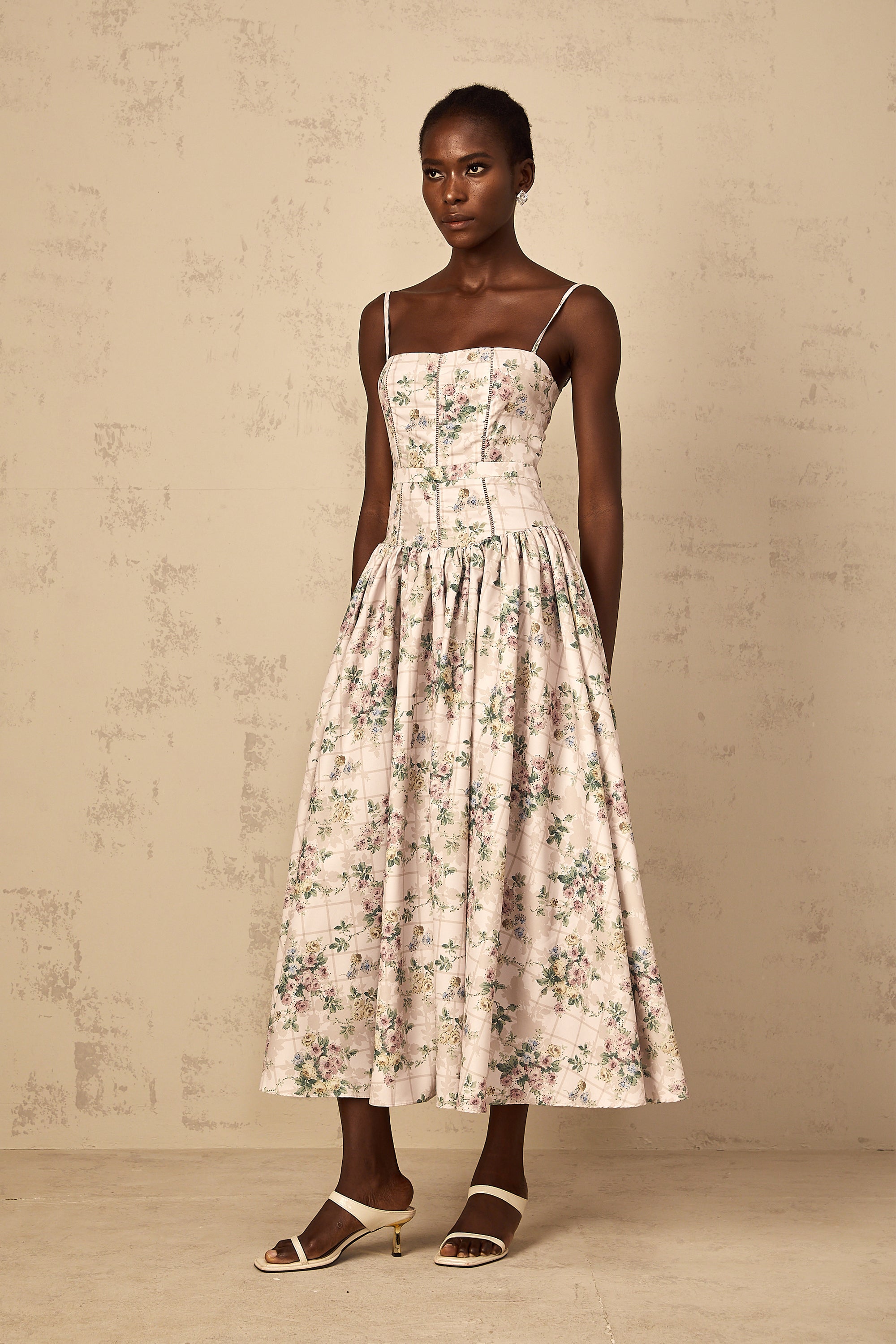 Fleur Neutral Floral Print Midi Dress