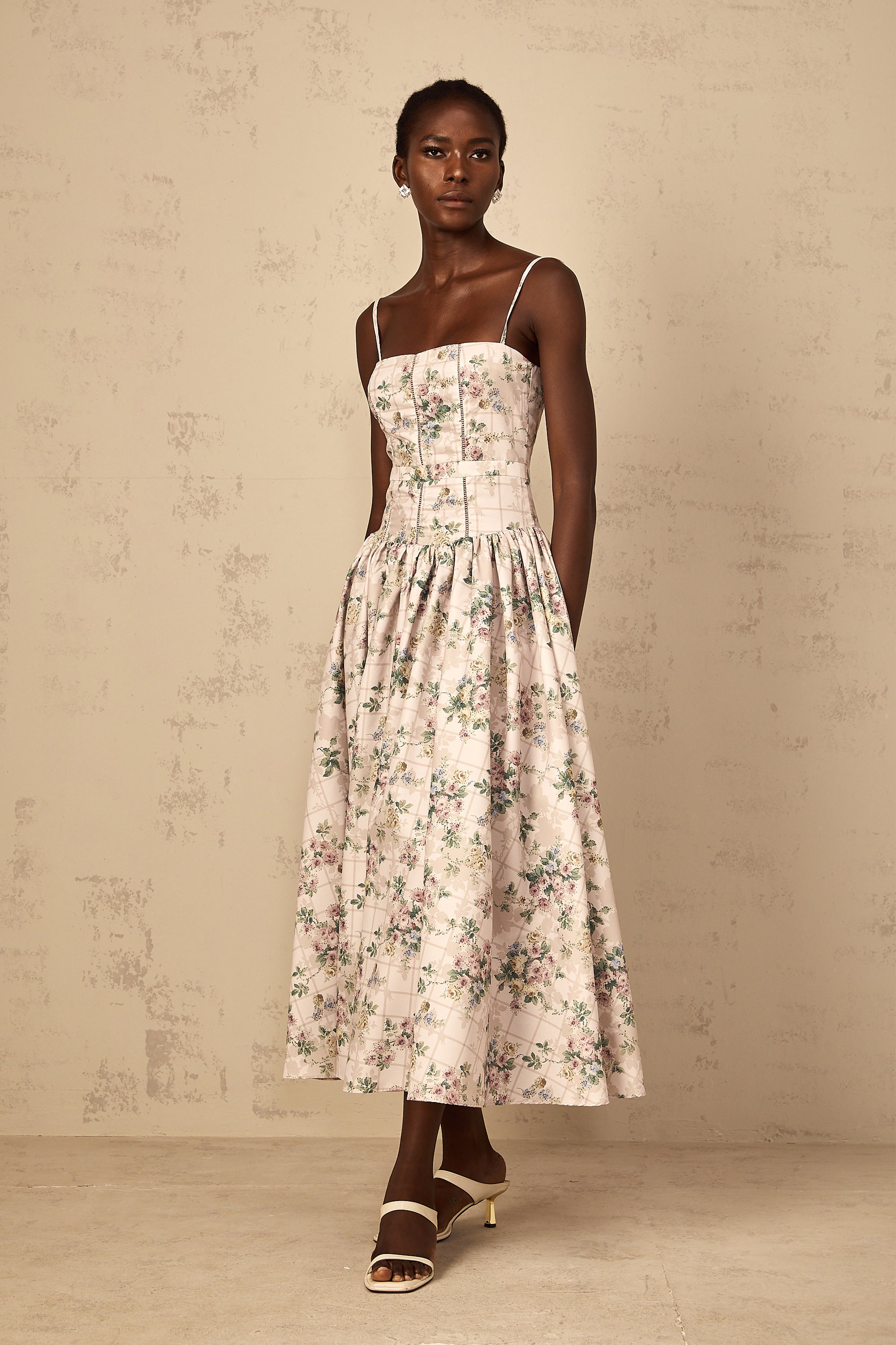 Fleur Neutral Floral Print Midi Dress