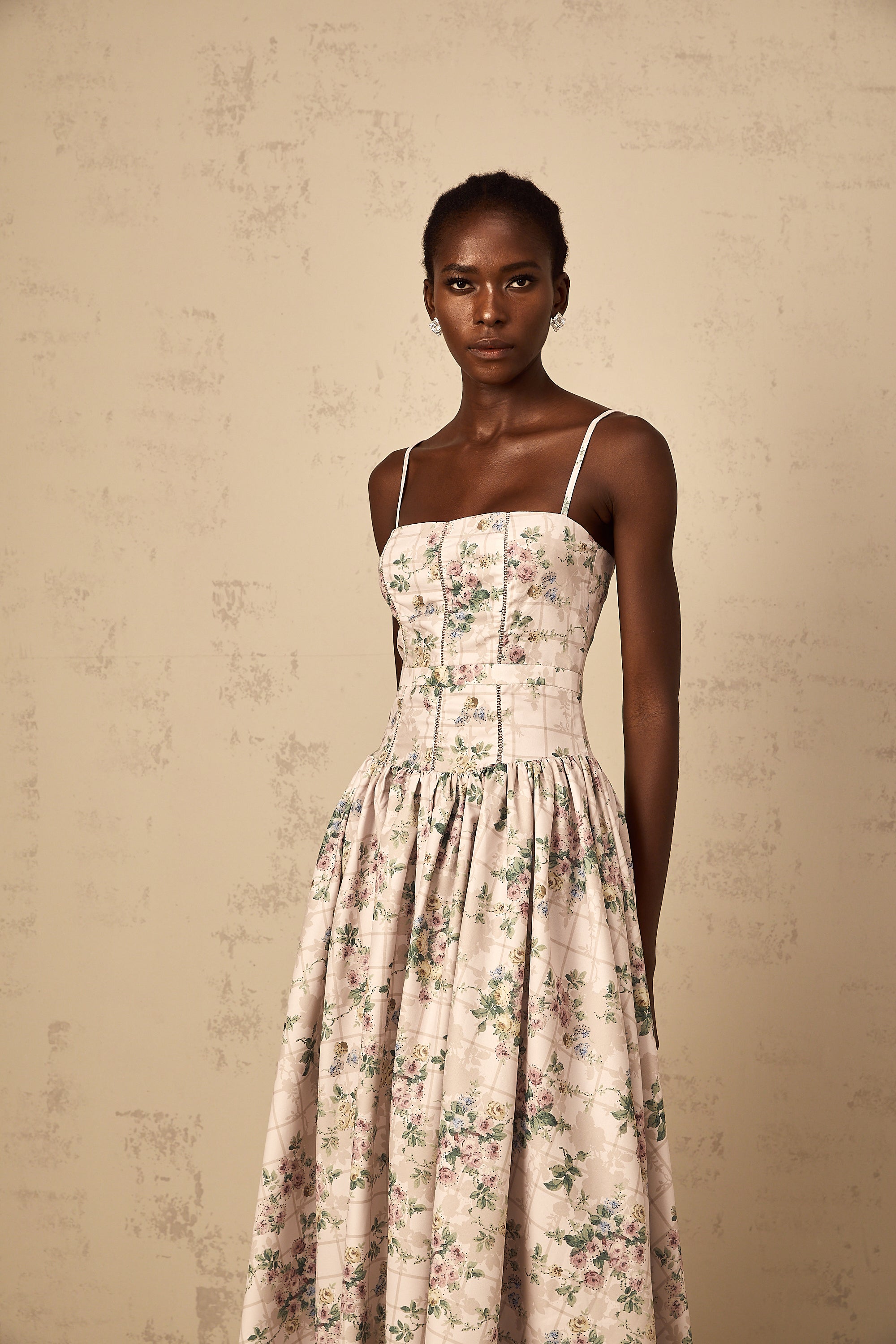 Fleur Neutral Floral Print Midi Dress