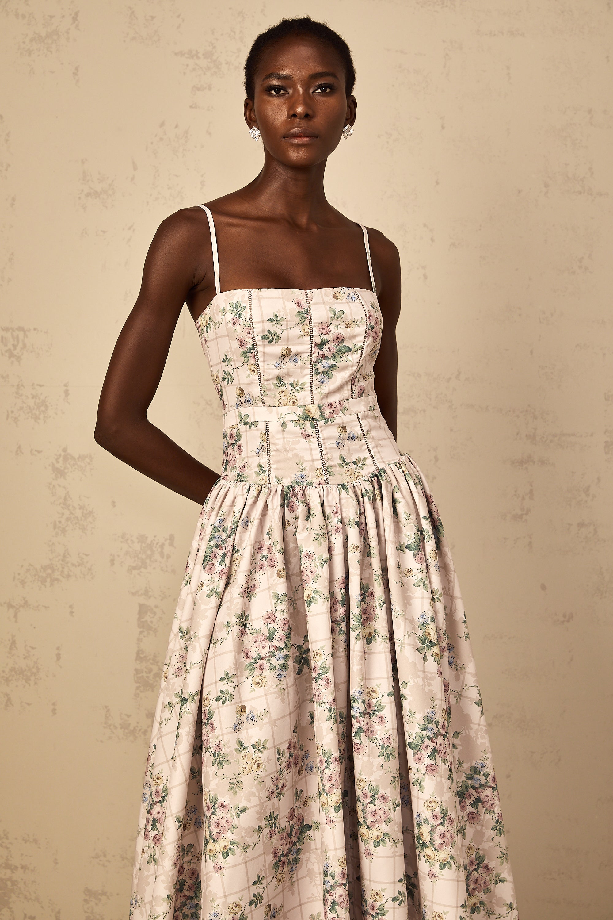 Fleur Neutral Floral Print Midi Dress