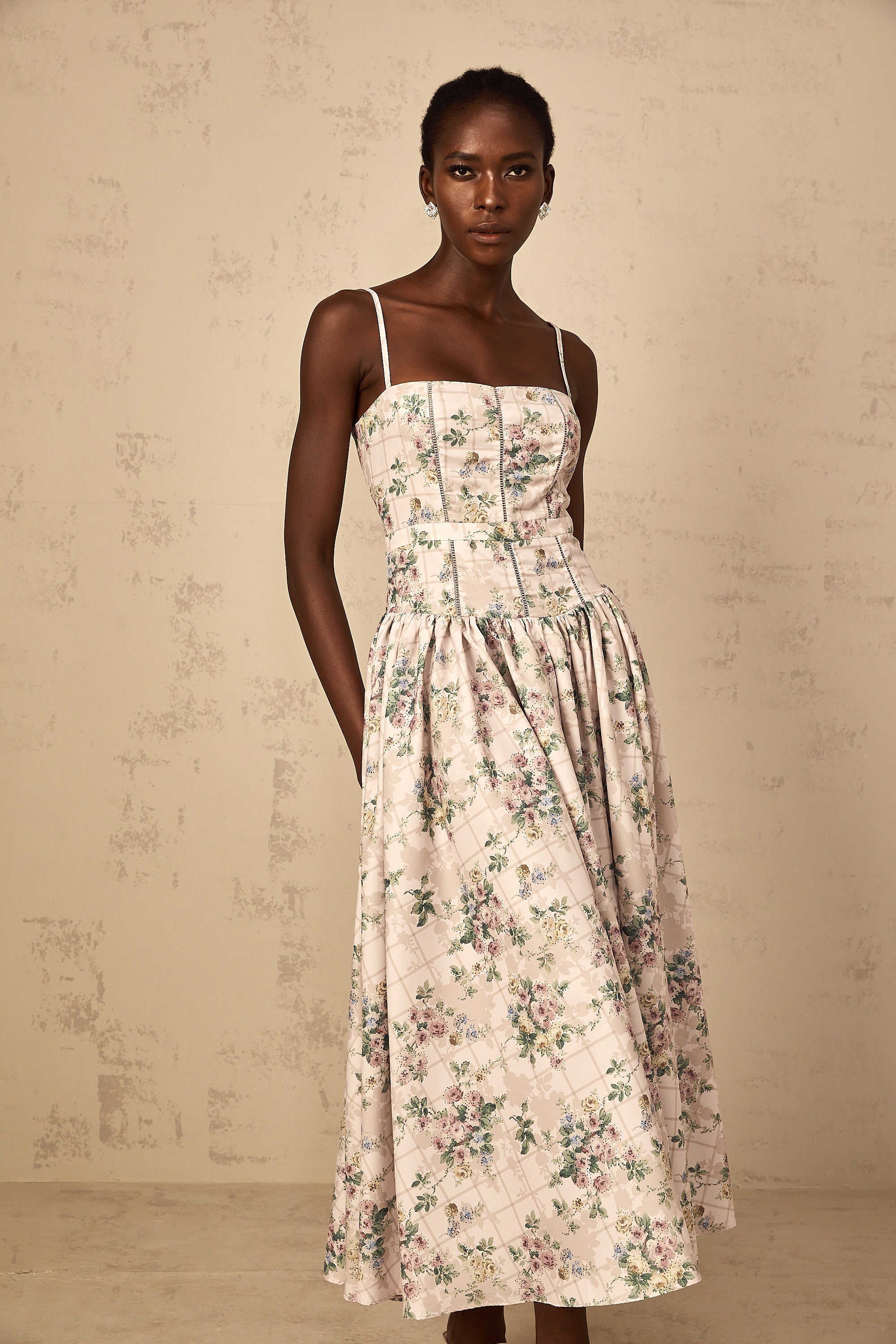 Fleur Neutral Floral Print Midi Dress