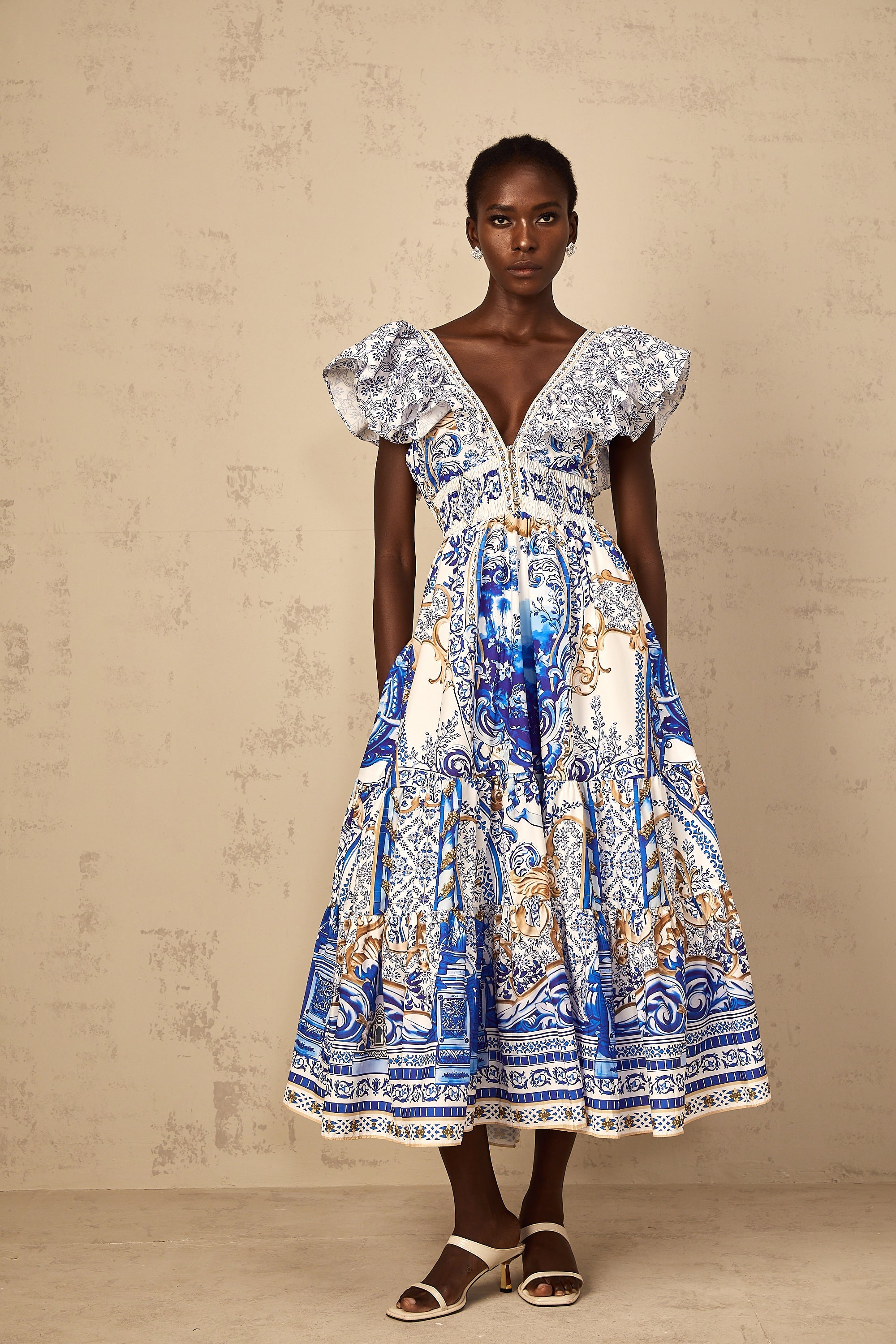 Calliopée Blue Baroque Print Tiered Midi Dress