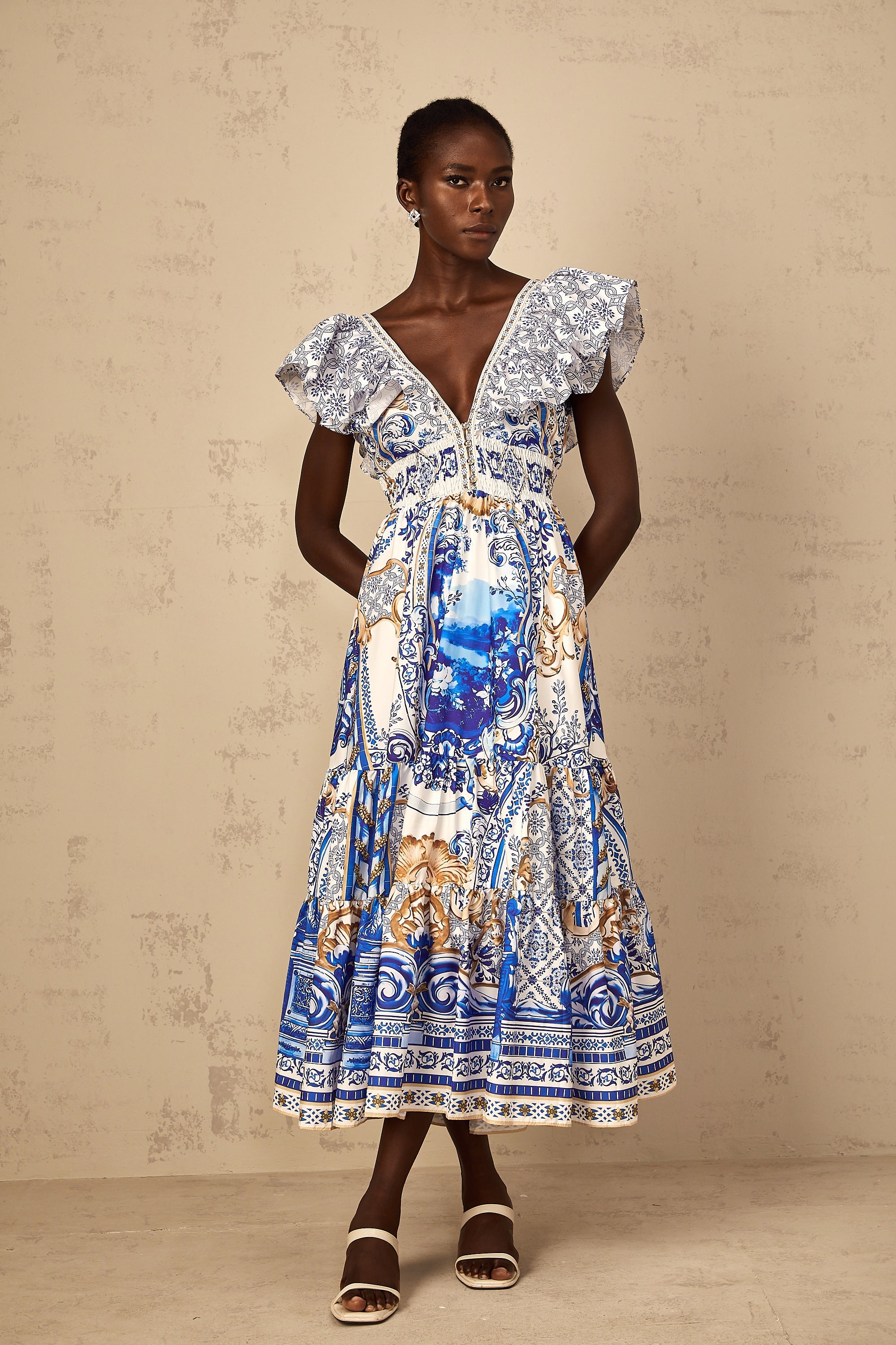 Calliopée Blue Baroque Print Tiered Midi Dress