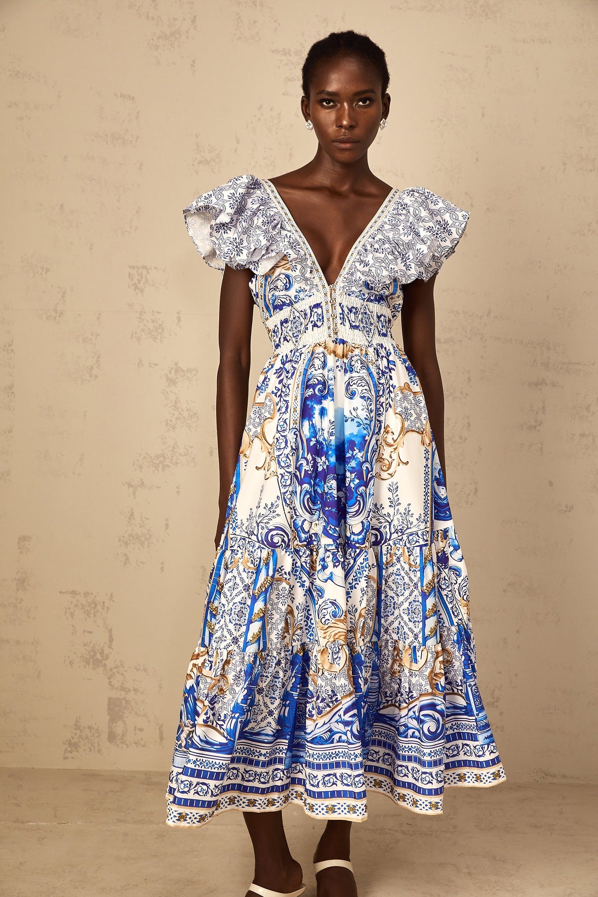 Calliopée Blue Baroque Print Tiered Midi Dress