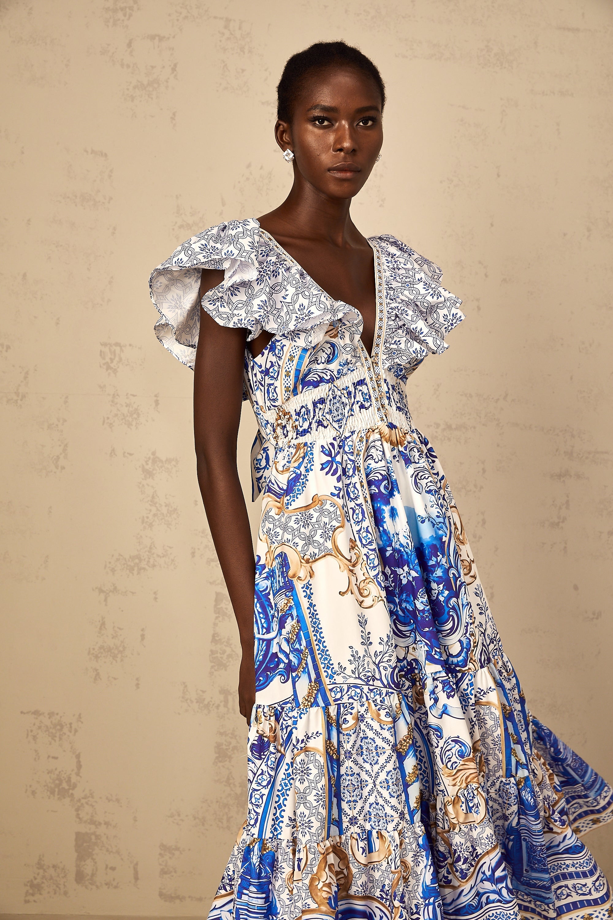 Calliopée Blue Baroque Print Tiered Midi Dress