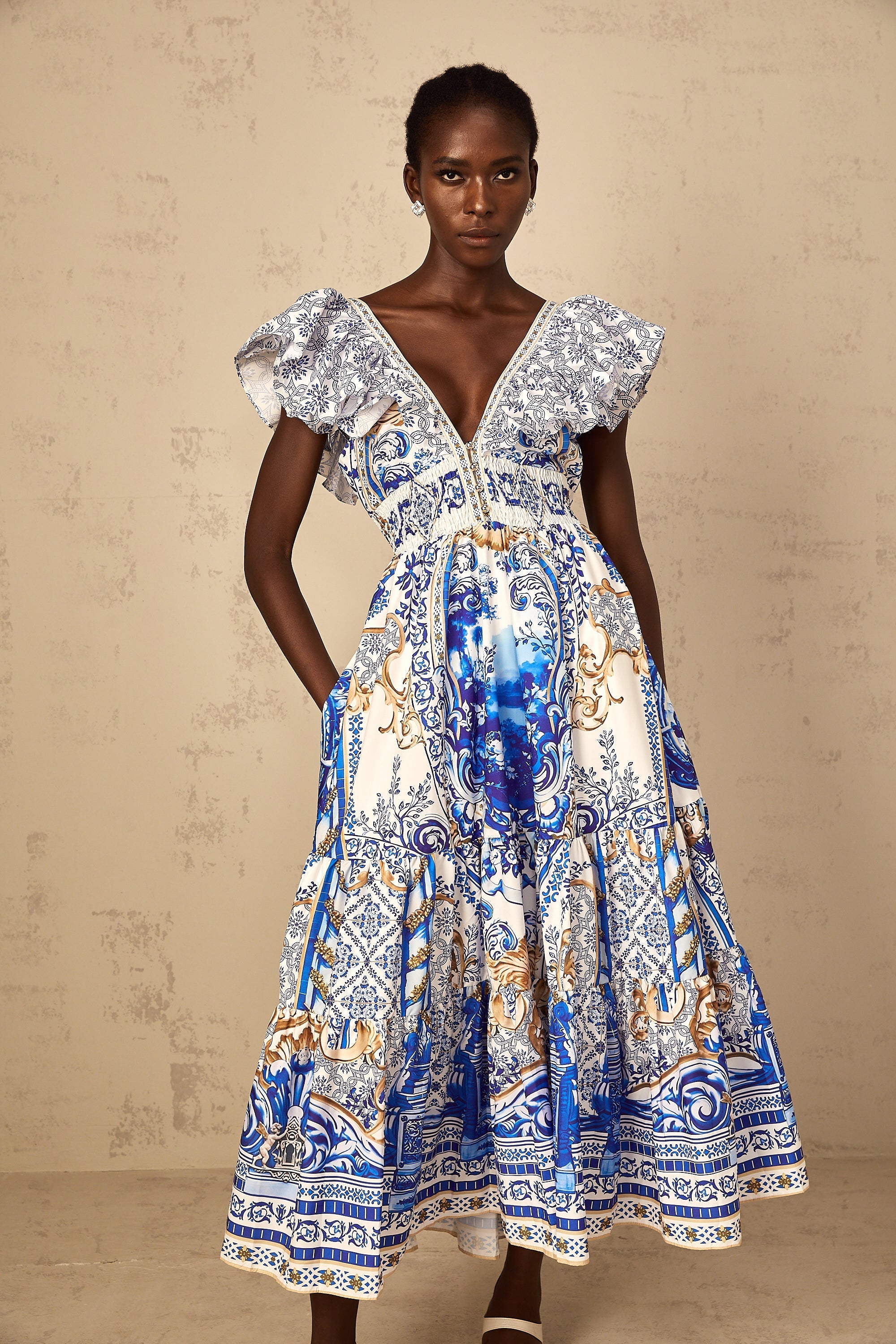 Calliopée Blue Baroque Print Tiered Midi Dress
