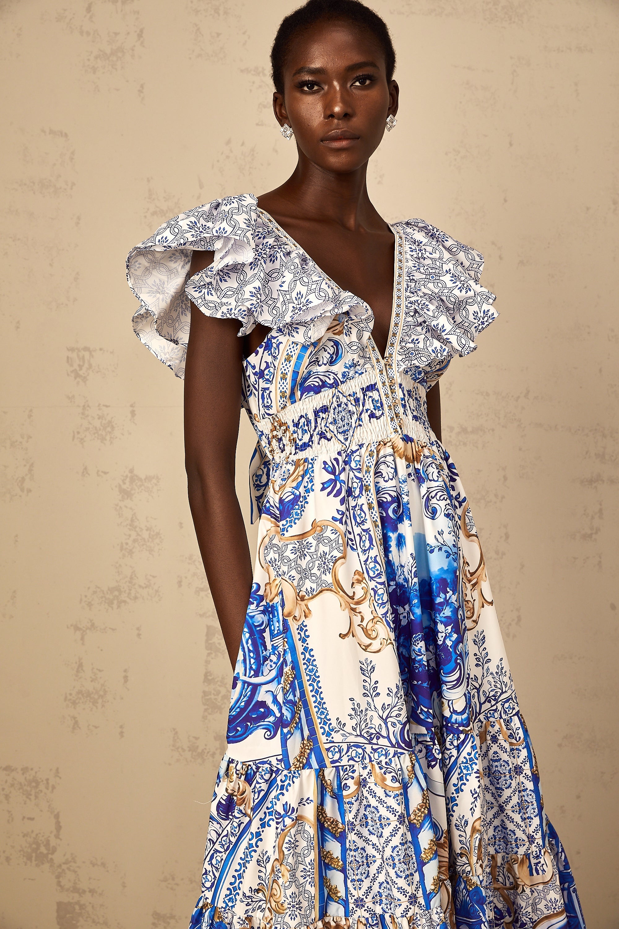 Calliopée Blue Baroque Print Tiered Midi Dress