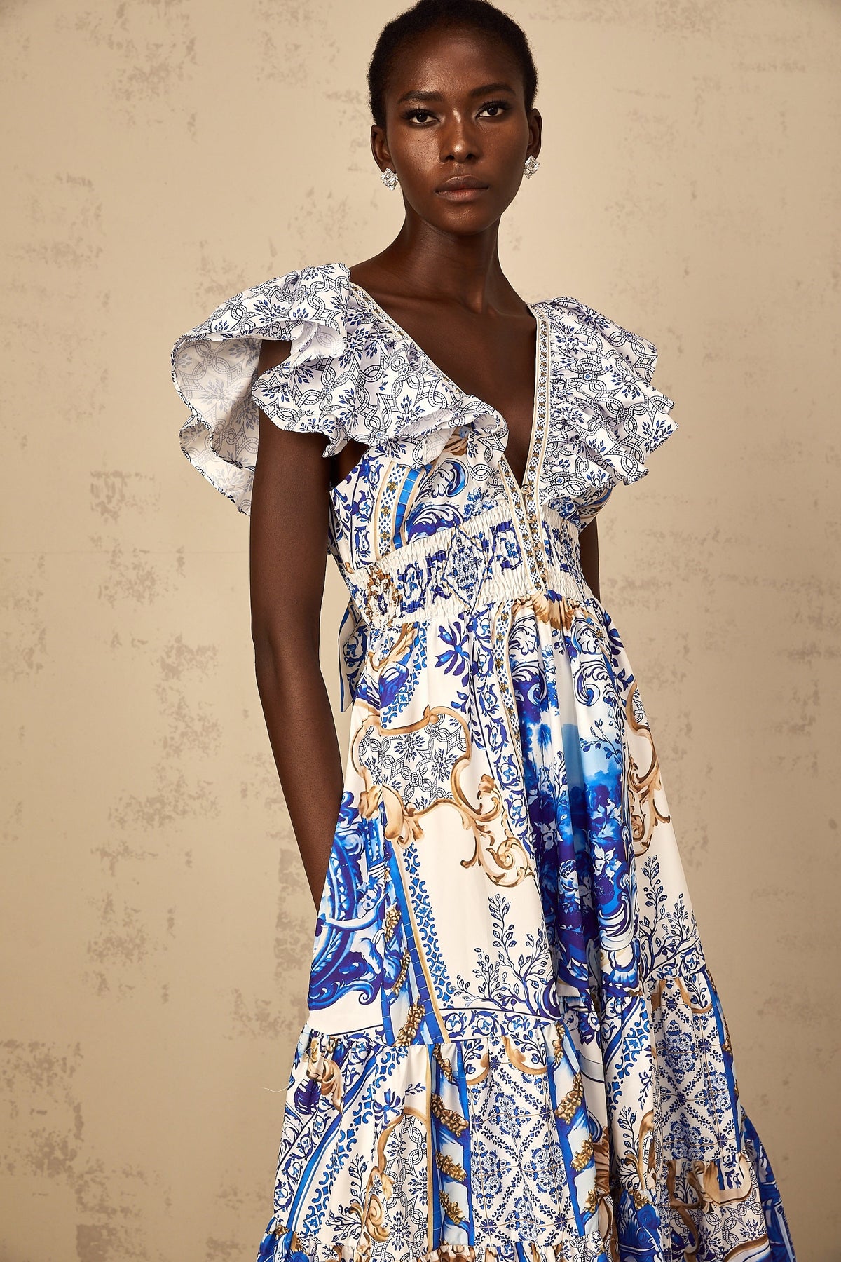 Calliopée Blue Baroque Print Tiered Midi Dress