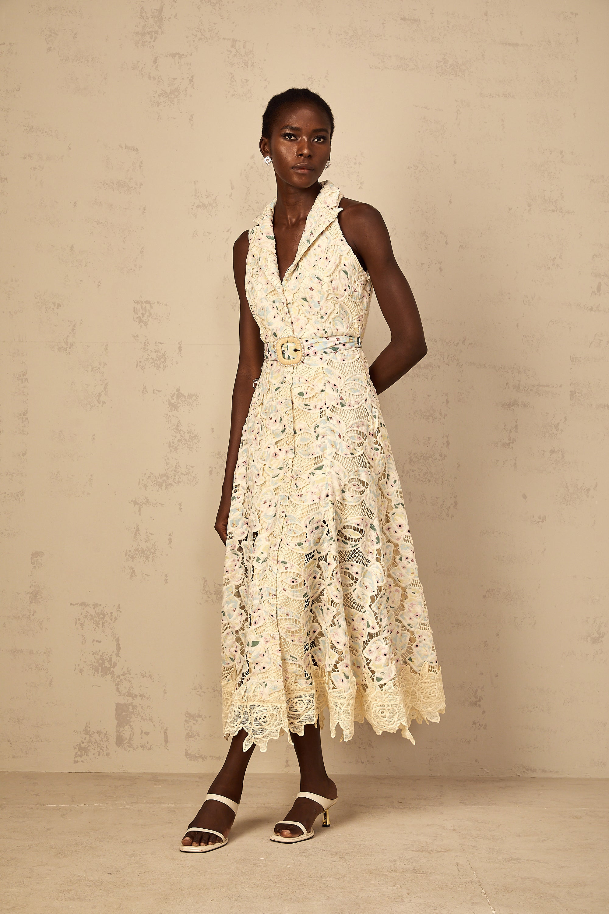 Avril Floral Embroidered Cut-Out Midi Dress