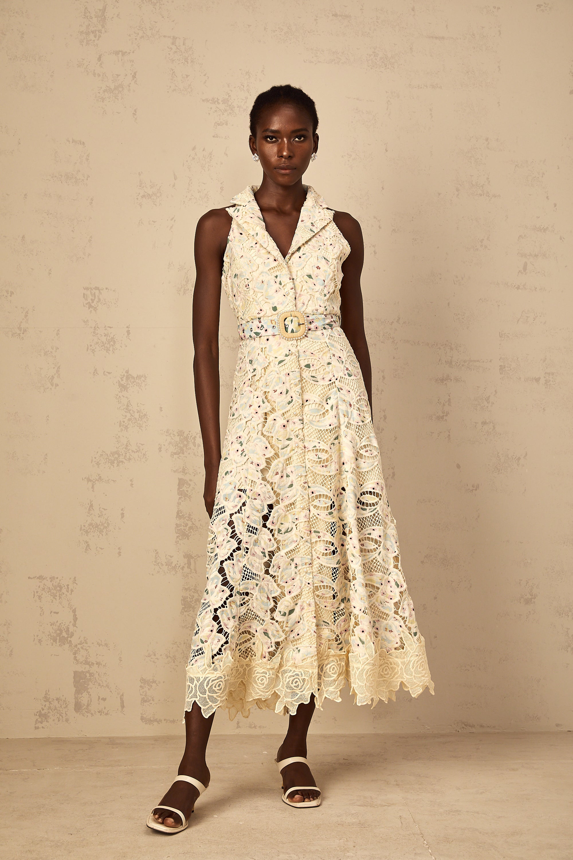 Avril Floral Embroidered Cut-Out Midi Dress