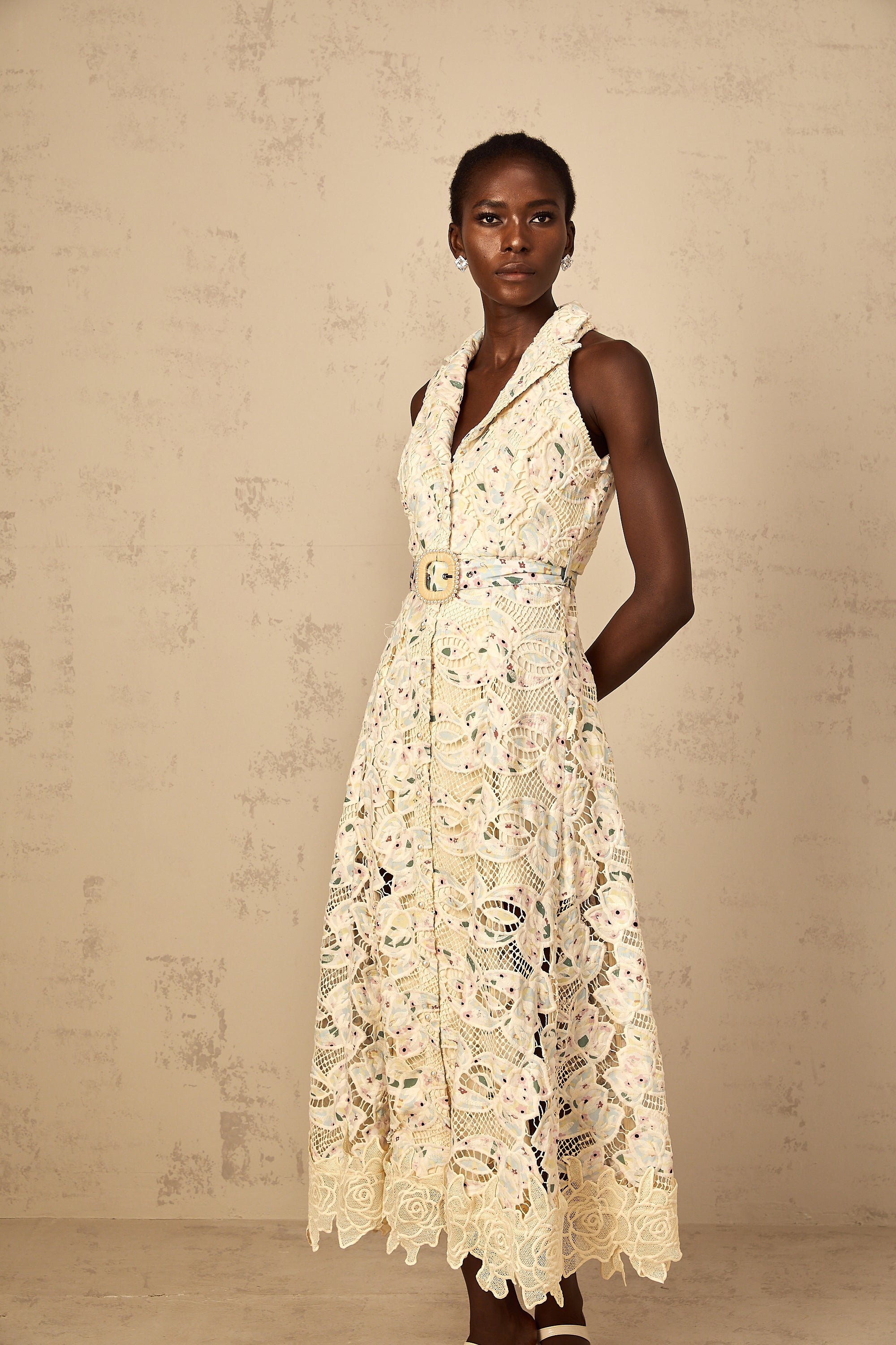 Avril Floral Embroidered Cut-Out Midi Dress