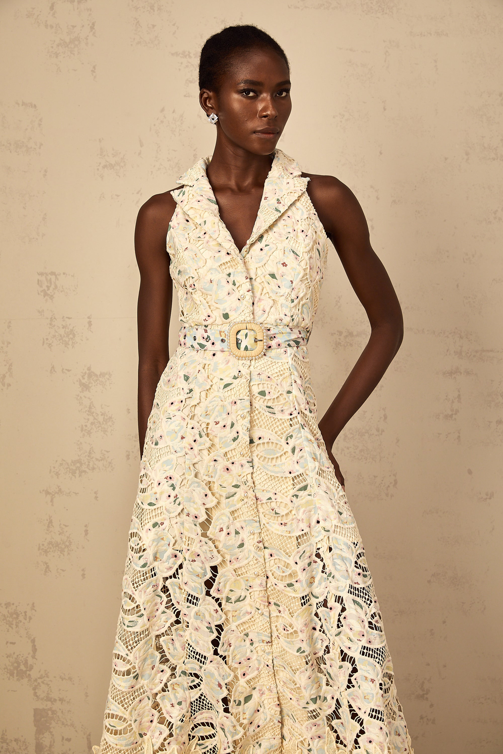Avril Floral Embroidered Cut-Out Midi Dress