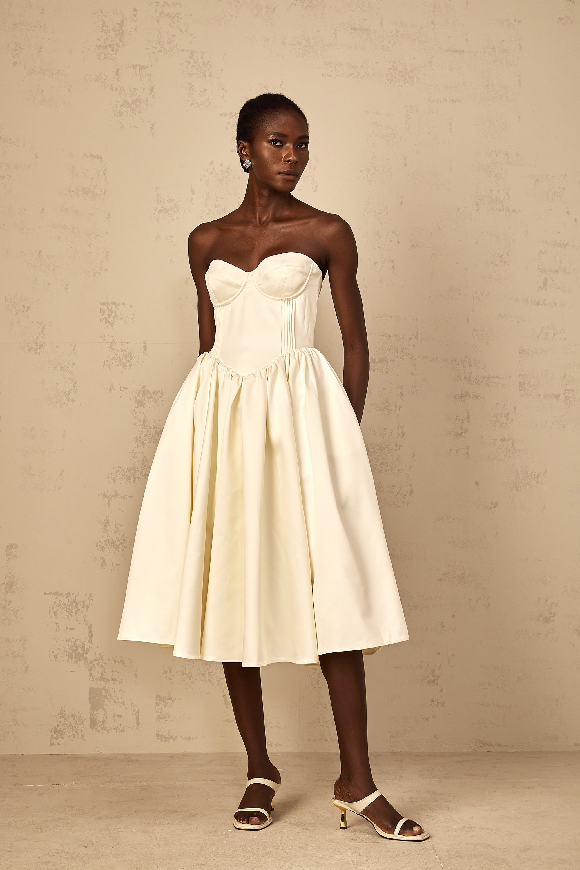 Noor White Off-Shoulder Shirred Midi Dress