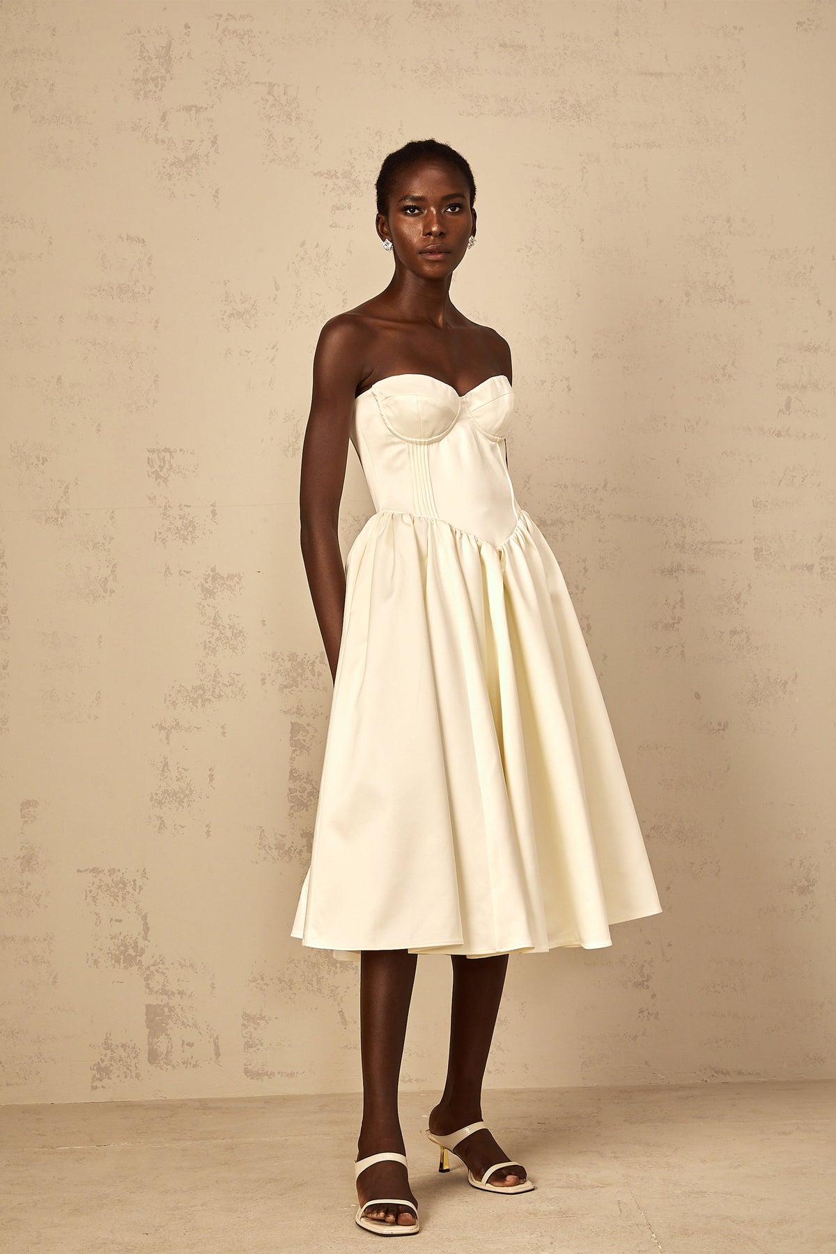 Noor White Off-Shoulder Shirred Midi Dress