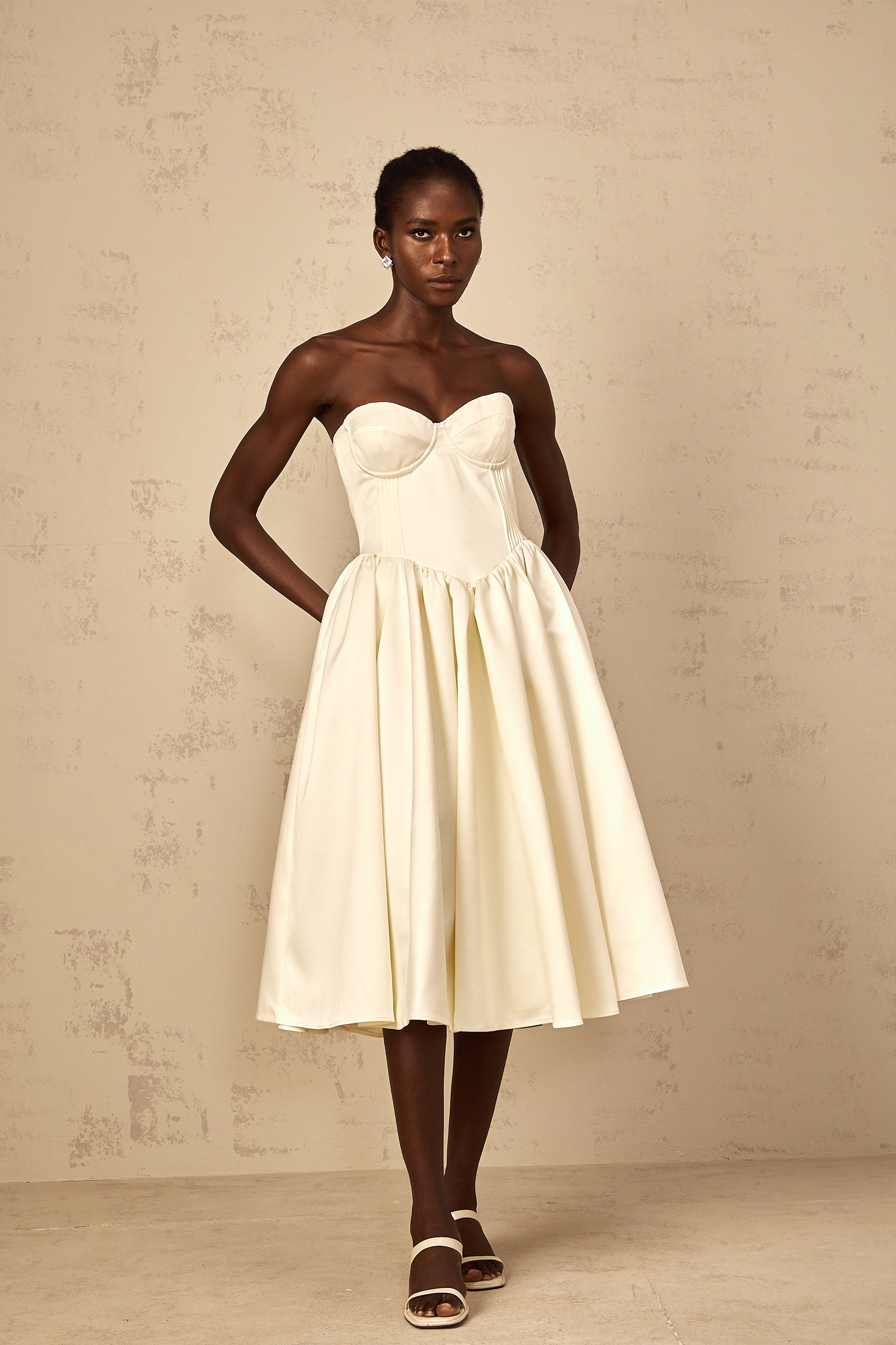 Noor White Off-Shoulder Shirred Midi Dress