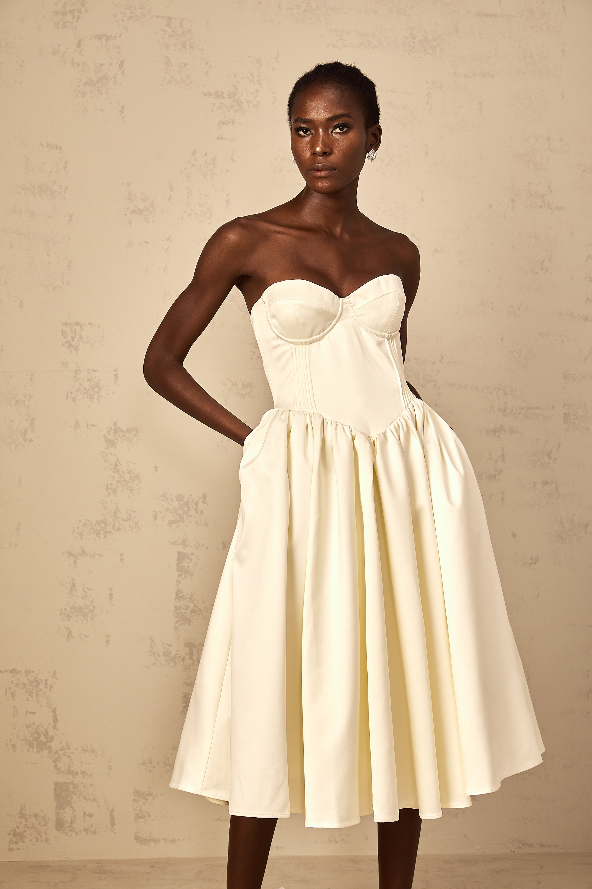 Noor White Off-Shoulder Shirred Midi Dress