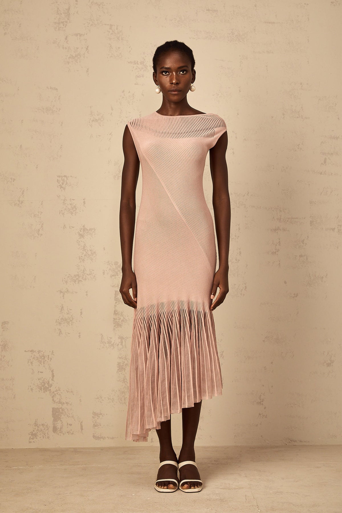 Laure Dusty Pink Tulle Panel Ribbed Knit Midi Dress