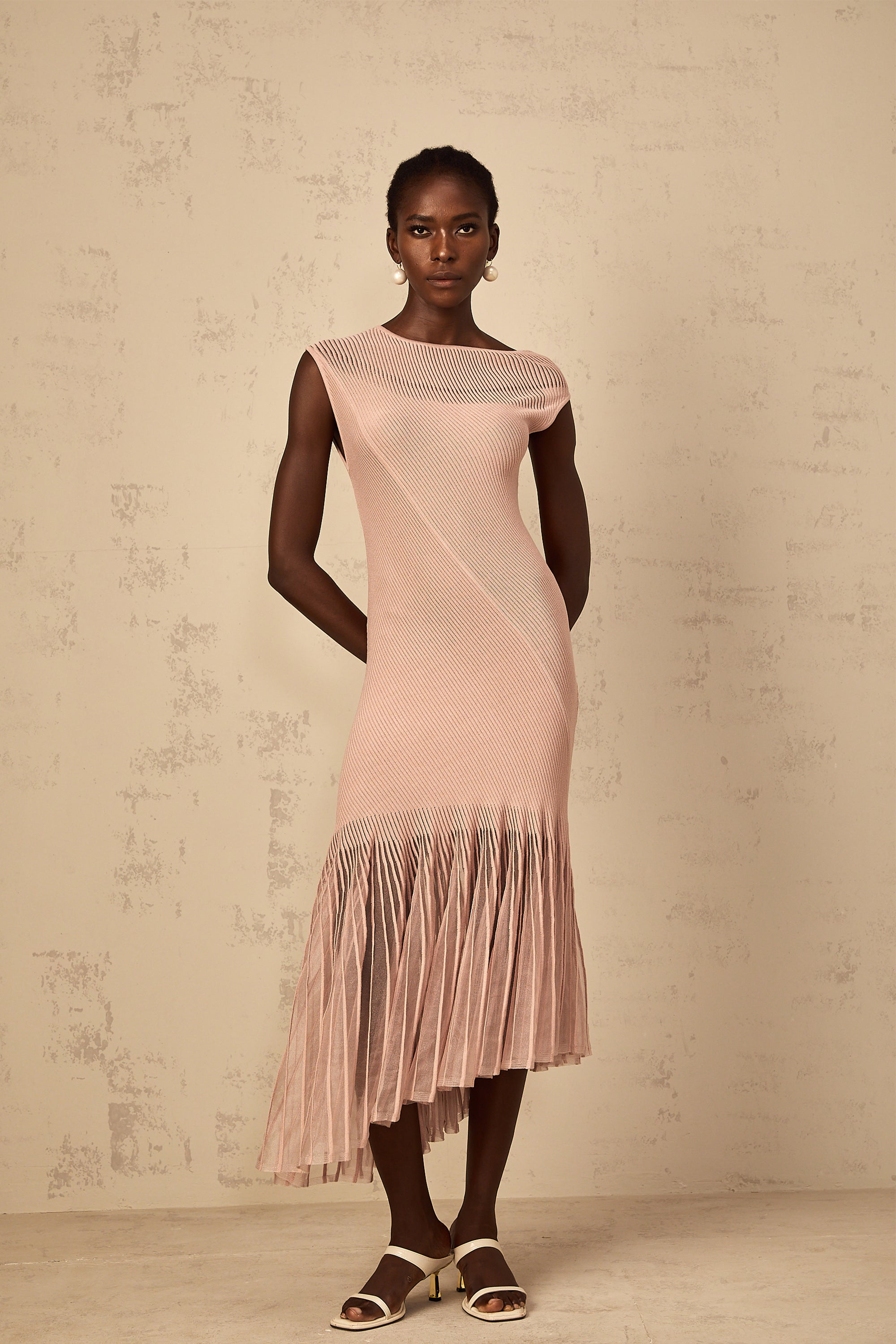 Laure Dusty Pink Tulle Panel Ribbed Knit Midi Dress