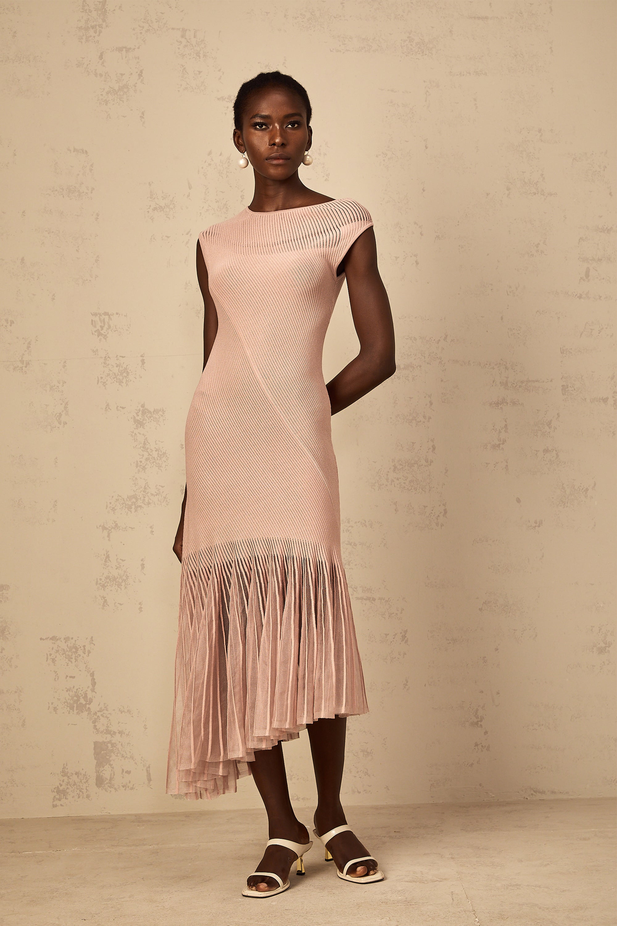 Laure Dusty Pink Tulle Panel Ribbed Knit Midi Dress