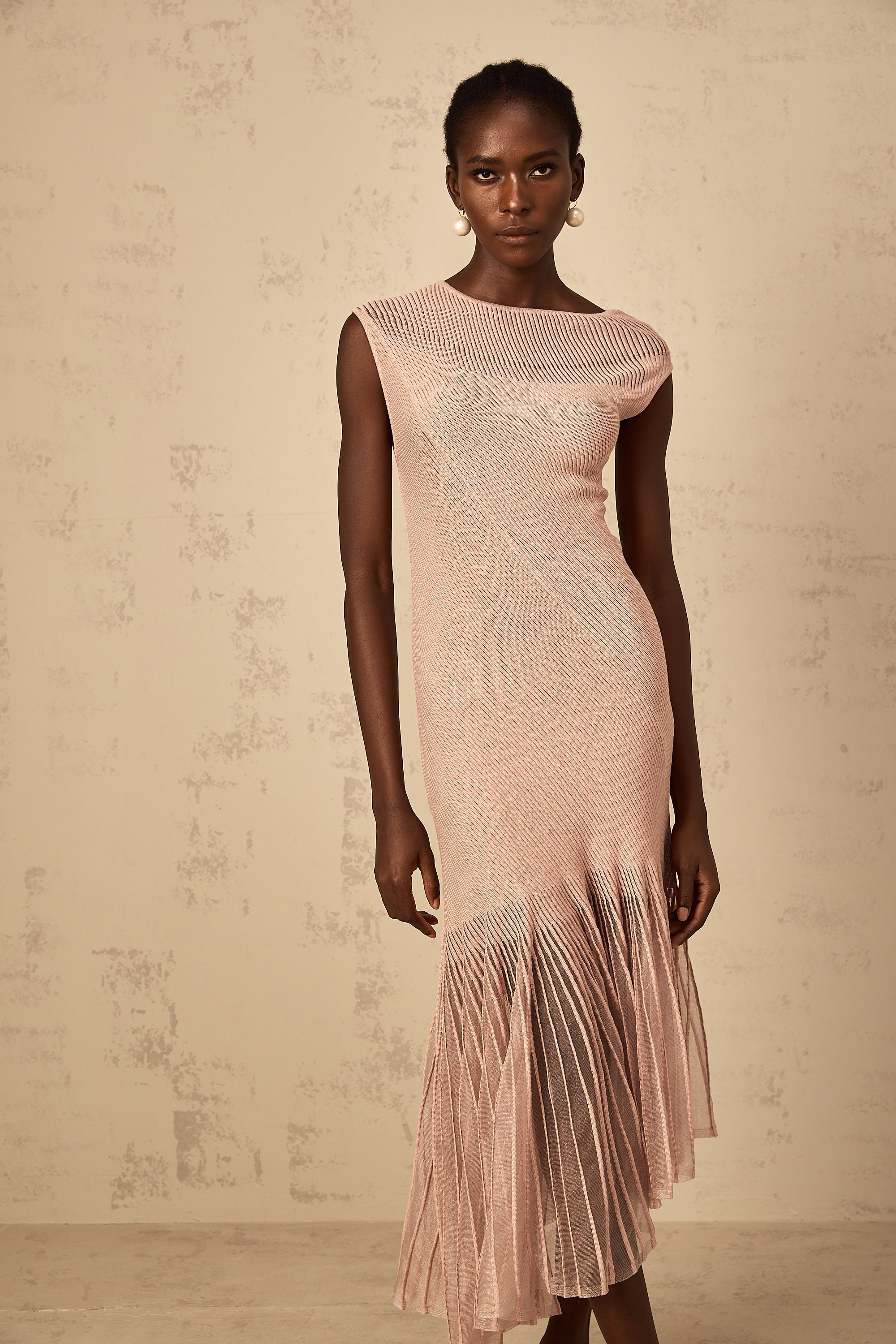 Laure Dusty Pink Tulle Panel Ribbed Knit Midi Dress