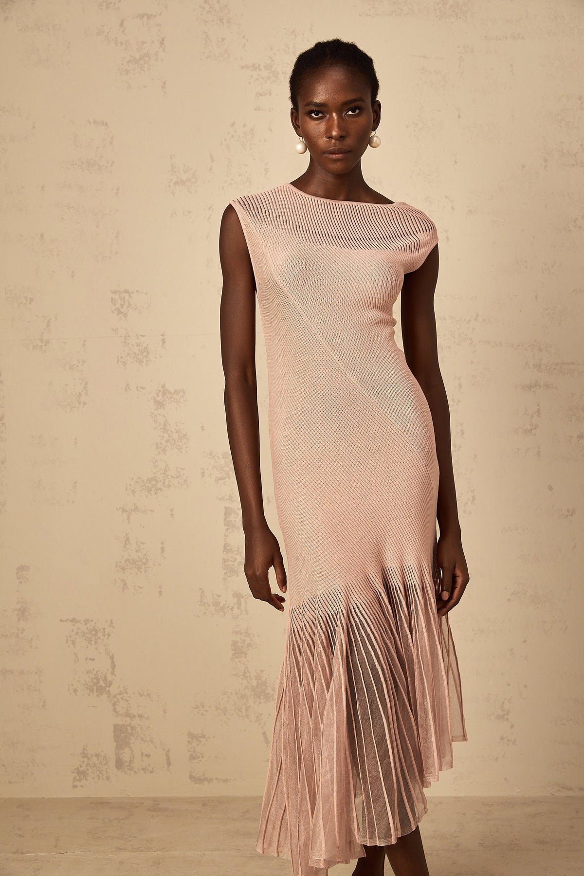 Laure Dusty Pink Tulle Panel Ribbed Knit Midi Dress