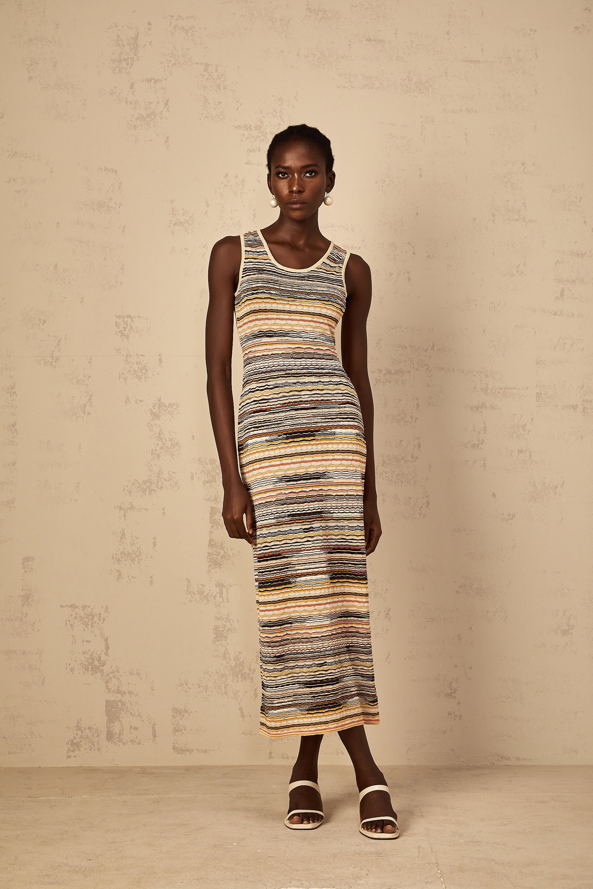 Quentin Yellow Striped Crochet Knit Midi Dress