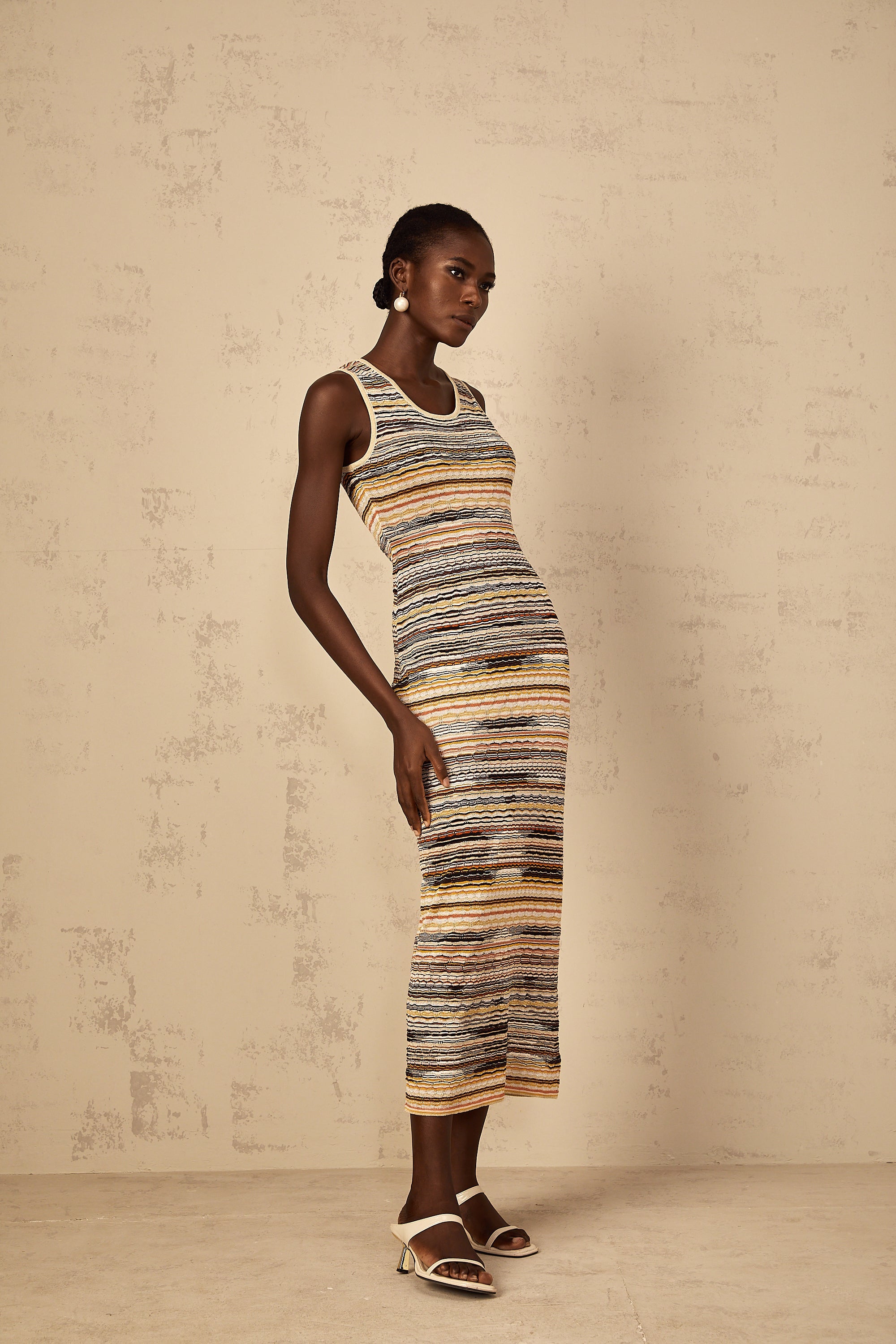 Quentin Yellow Striped Crochet Knit Midi Dress