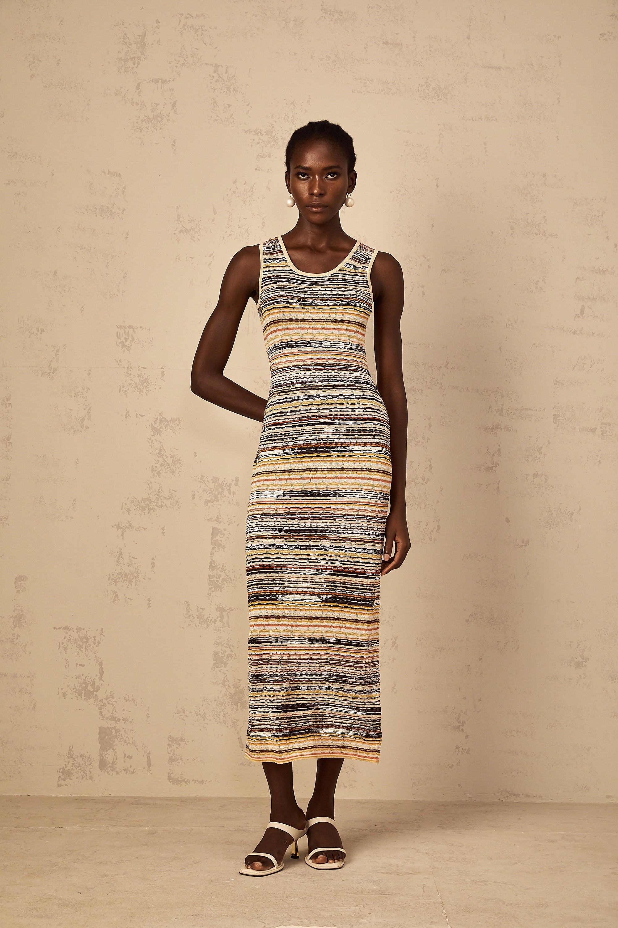 Quentin Yellow Striped Crochet Knit Midi Dress