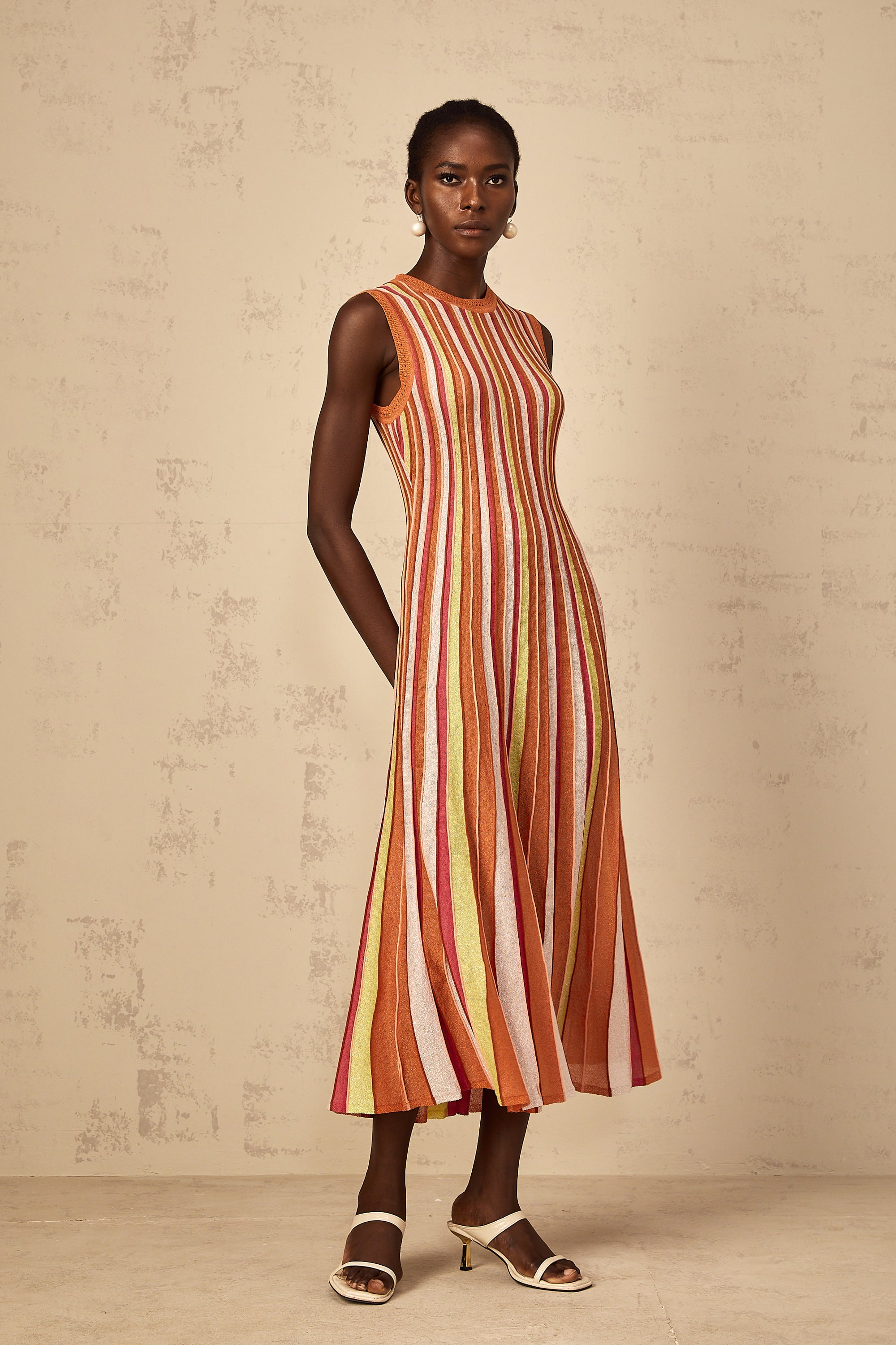 Abriana Orange Vertical Striped Knit Midi Dress