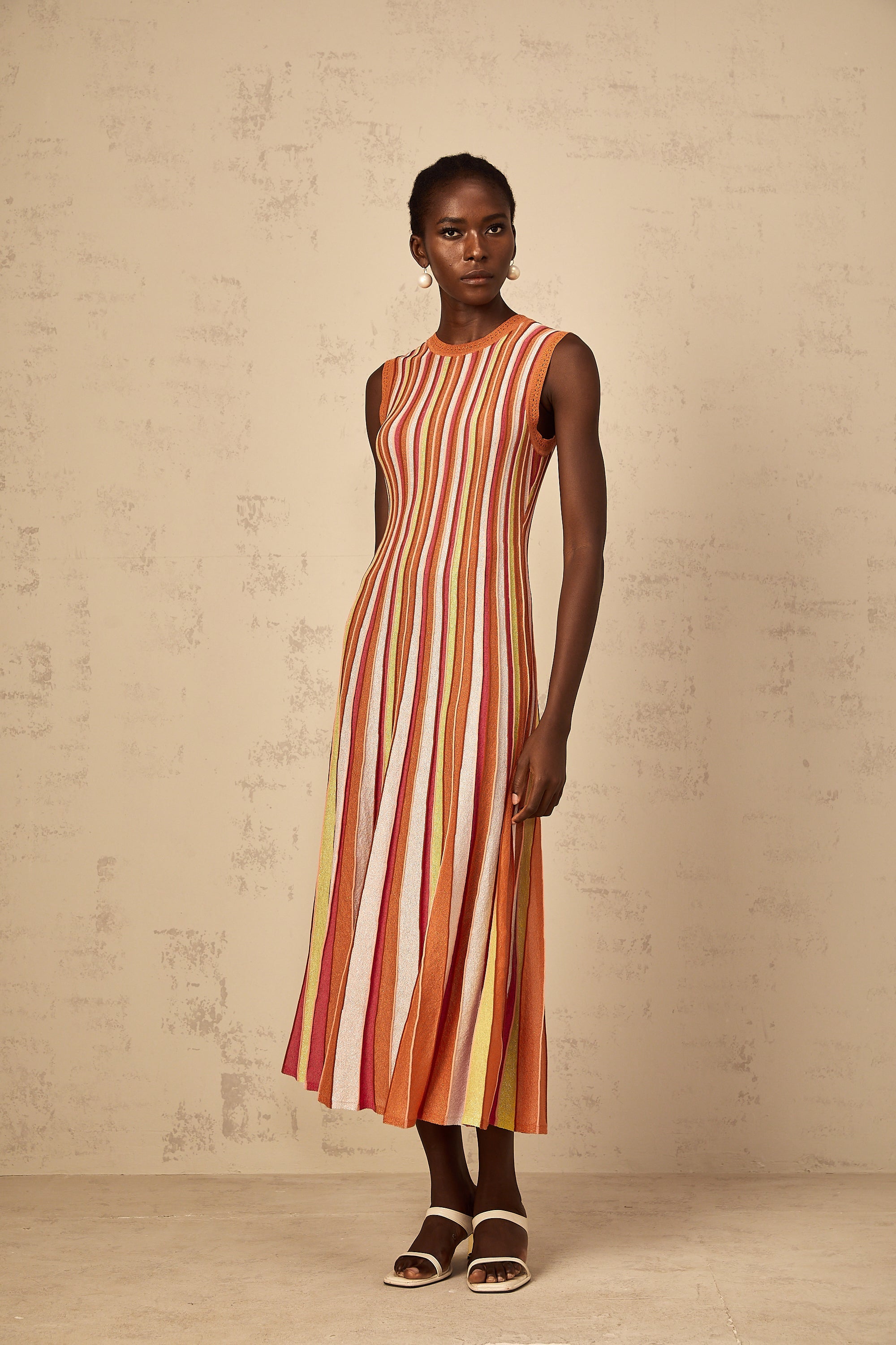 Abriana Orange Vertical Striped Knit Midi Dress