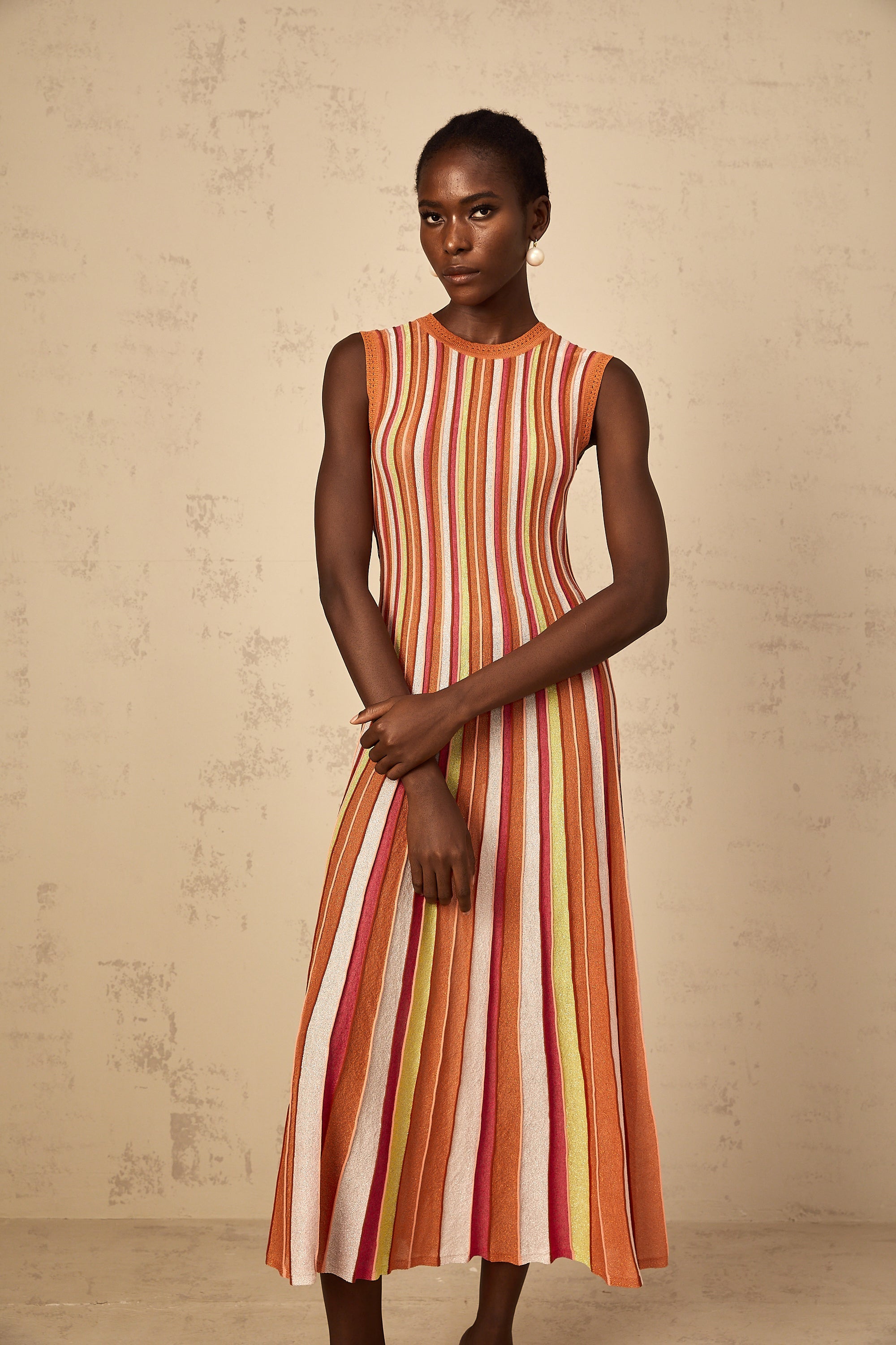 Abriana Orange Vertical Striped Knit Midi Dress