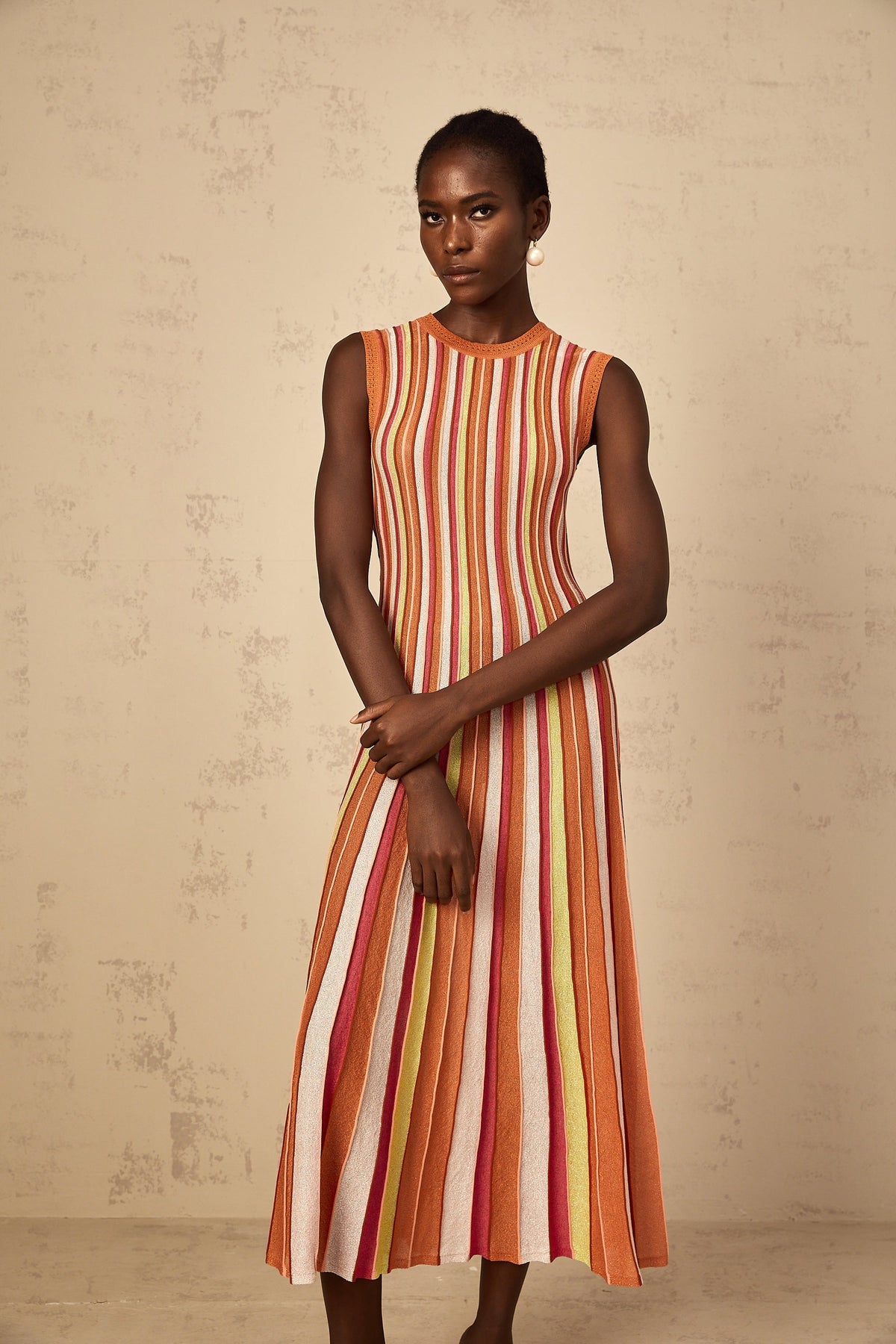 Abriana Orange Vertical Striped Knit Midi Dress (Final Sale-US Only)