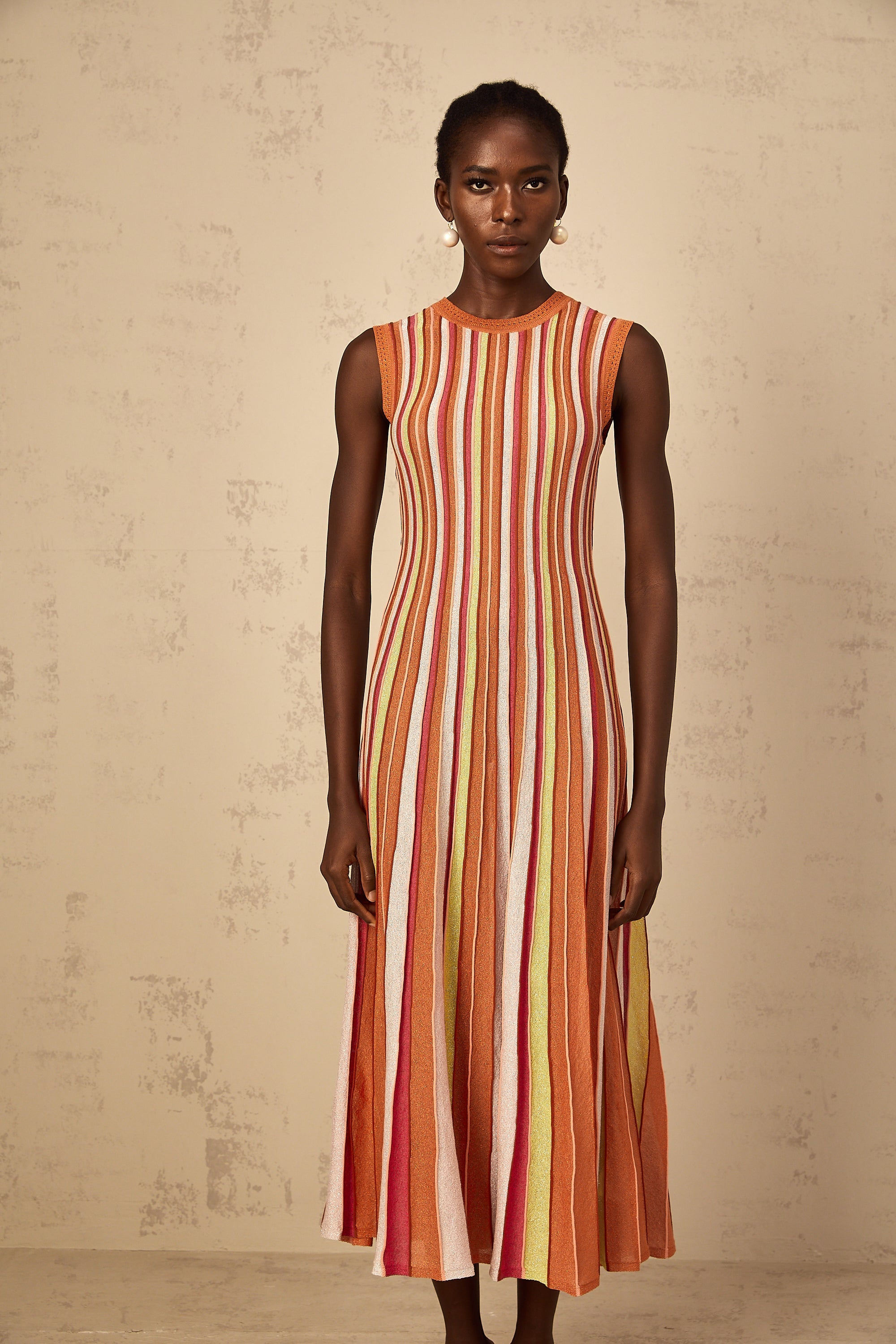 Abriana Orange Vertical Striped Knit Midi Dress