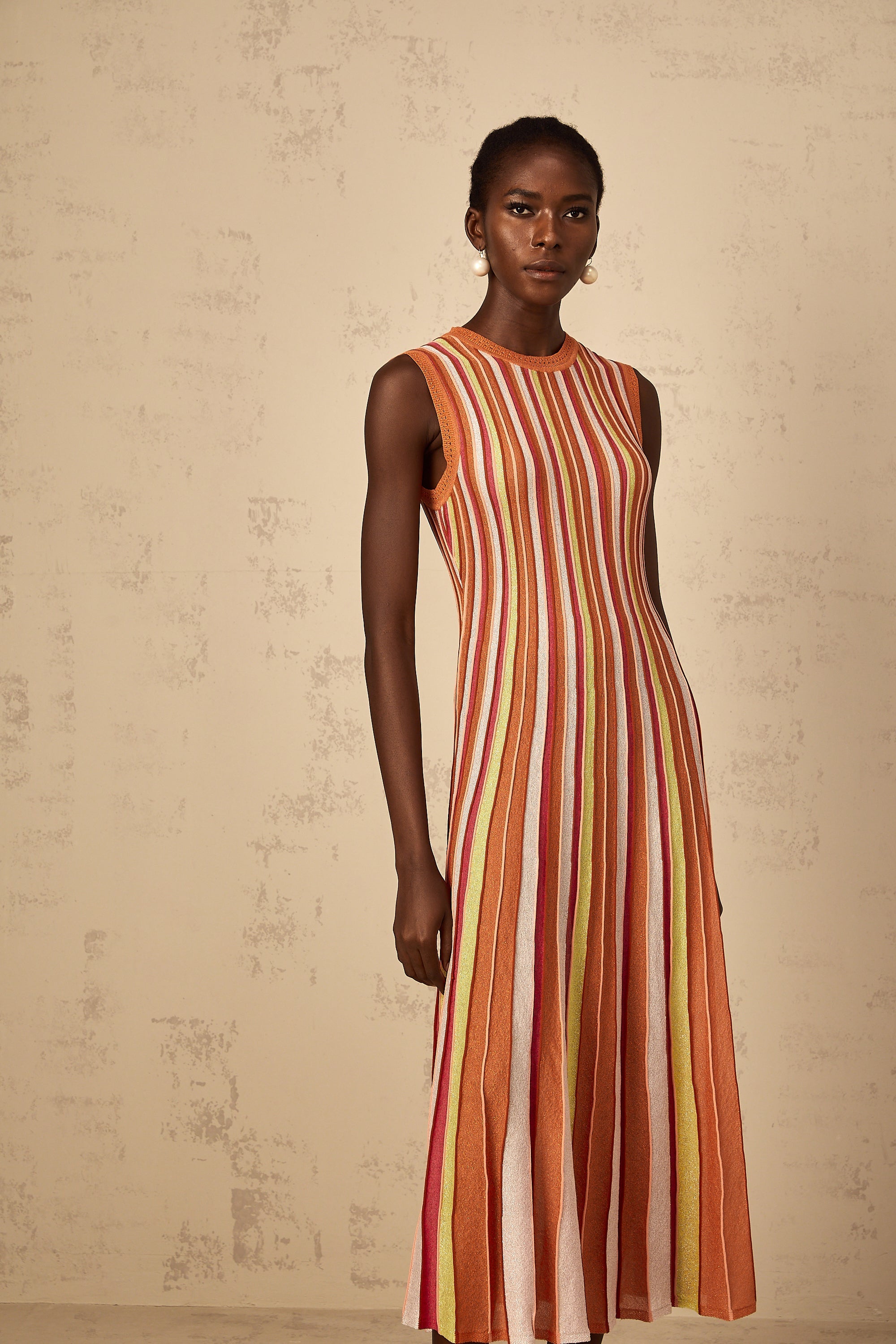 Abriana Orange Vertical Striped Knit Midi Dress