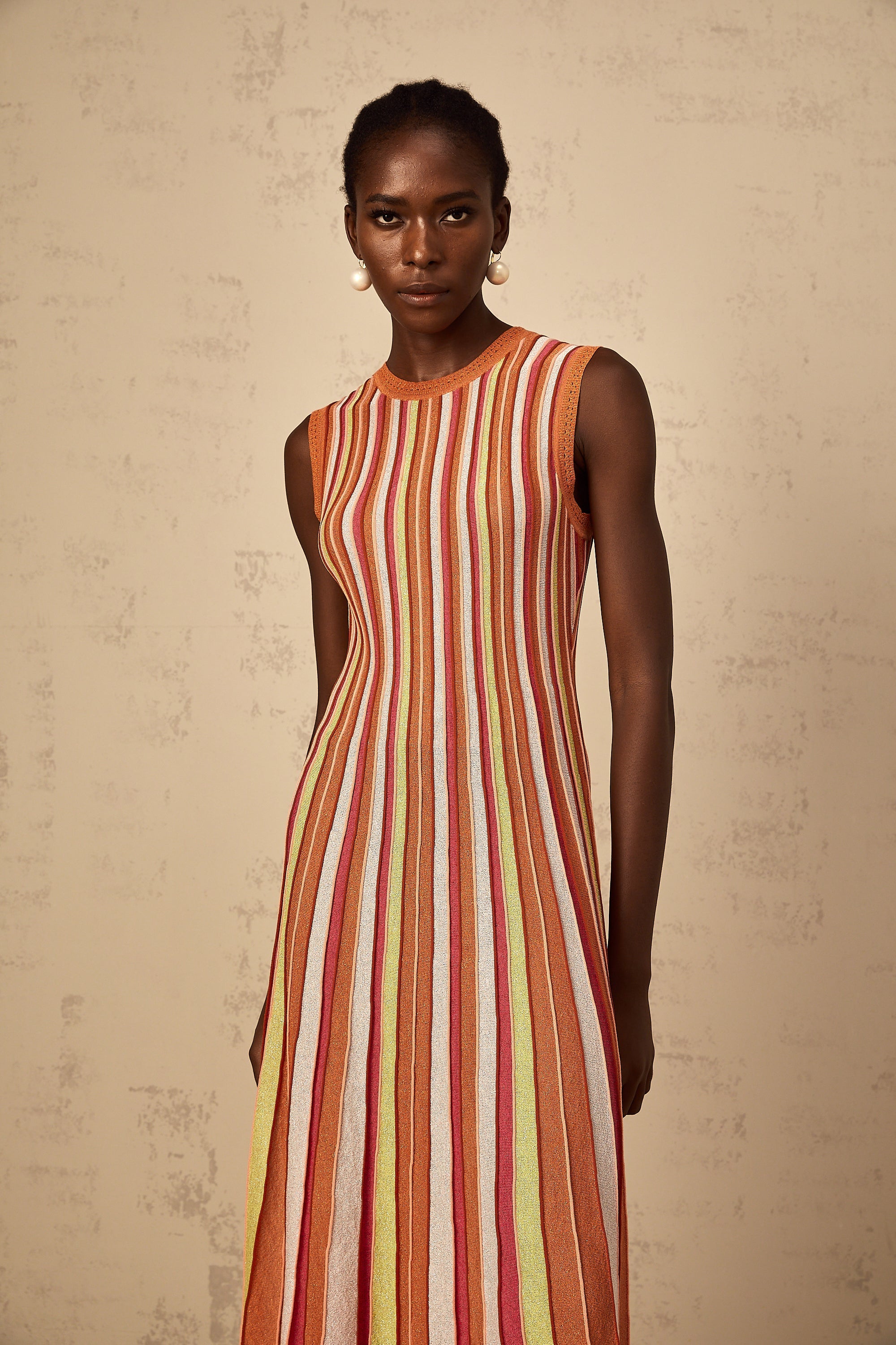 Abriana Orange Vertical Striped Knit Midi Dress