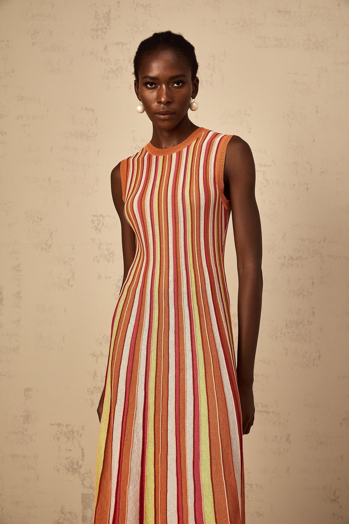 Abriana Orange Vertical Striped Knit Midi Dress