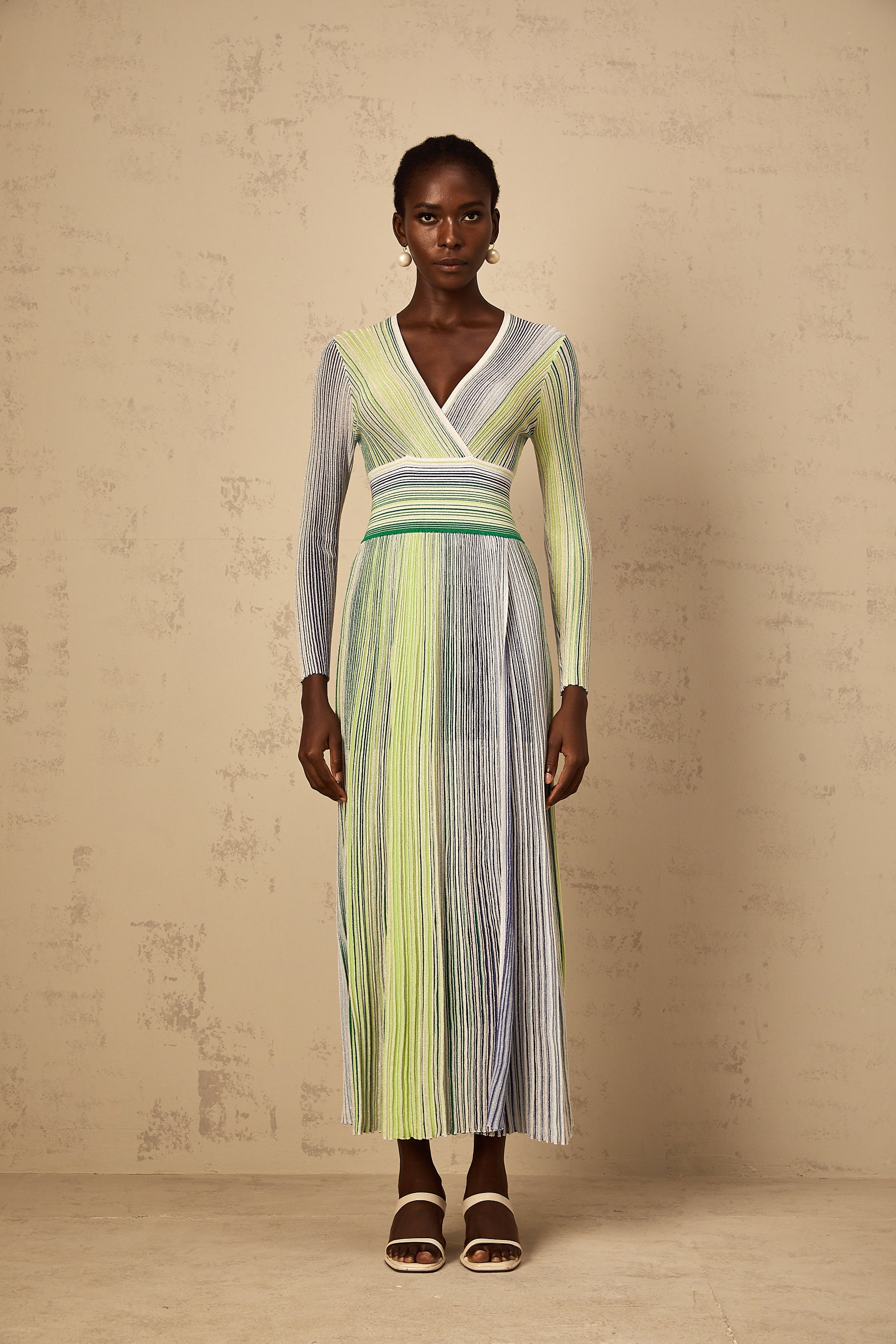Amaryllis Green Long Sleeve Sequin Striped Knit Maxi Dress