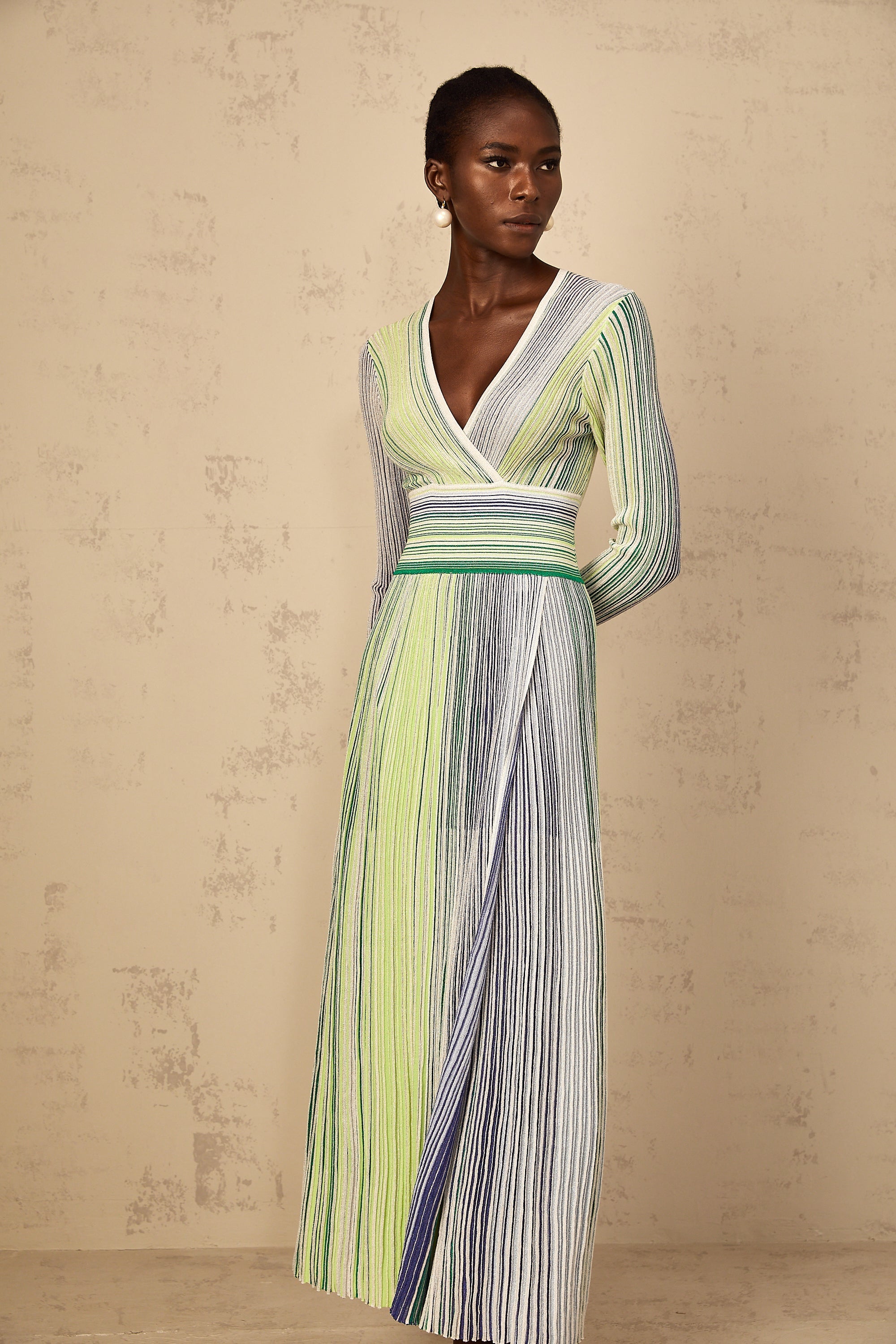 Amaryllis Green Long Sleeve Sequin Striped Knit Maxi Dress