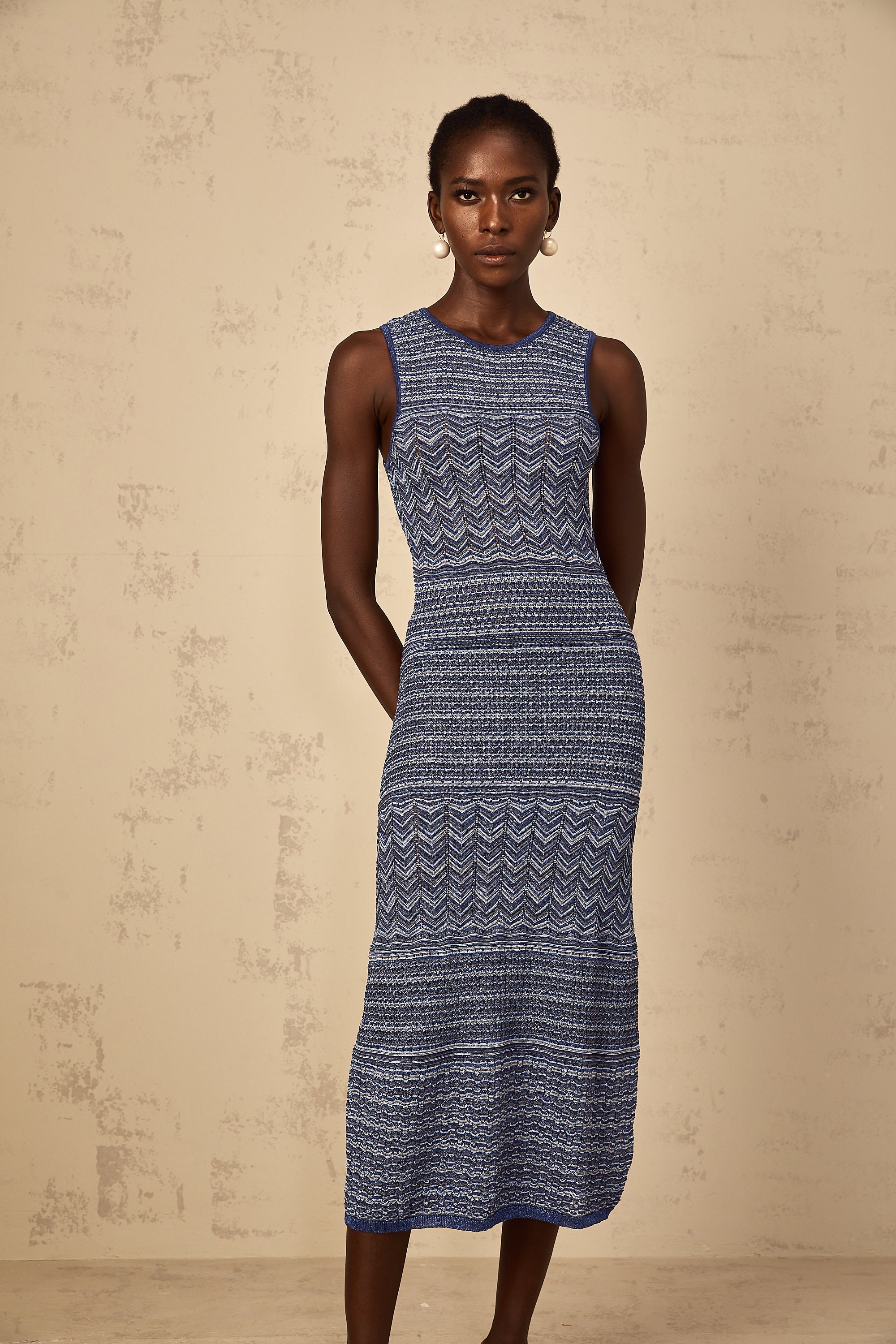 Ingrid Blue Wavy Crochet Knit Midi Dress
