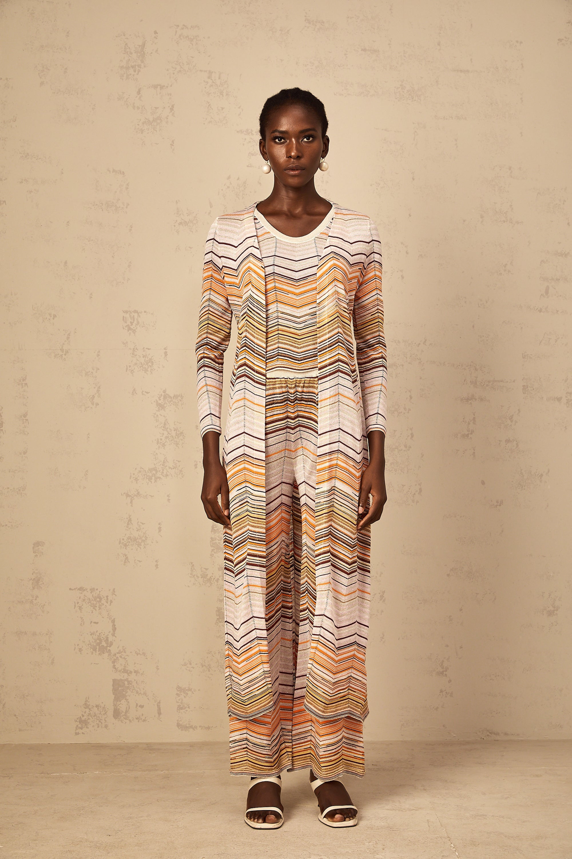 Chloé Neutral Striped Knit Long Cardigan