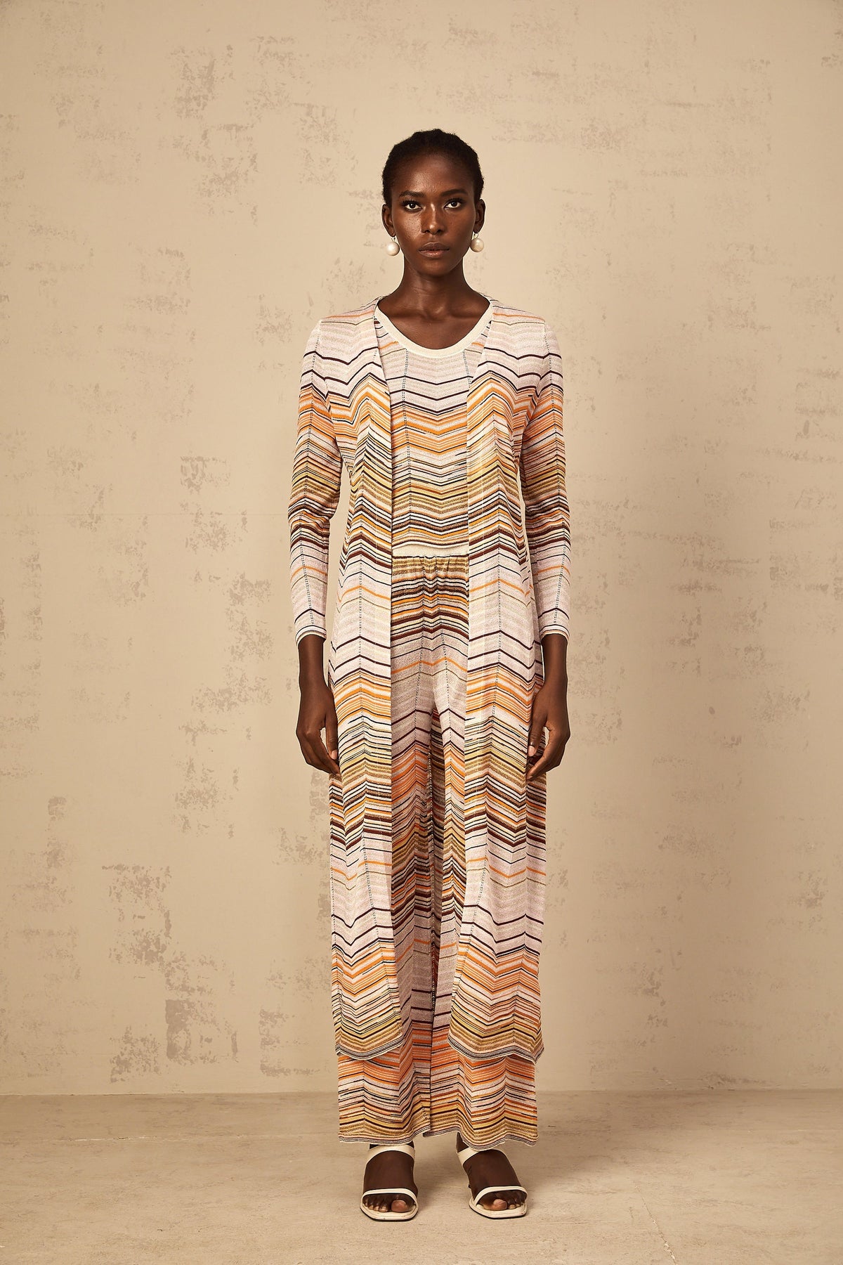Chloé Neutral Striped Knit Long Cardigan