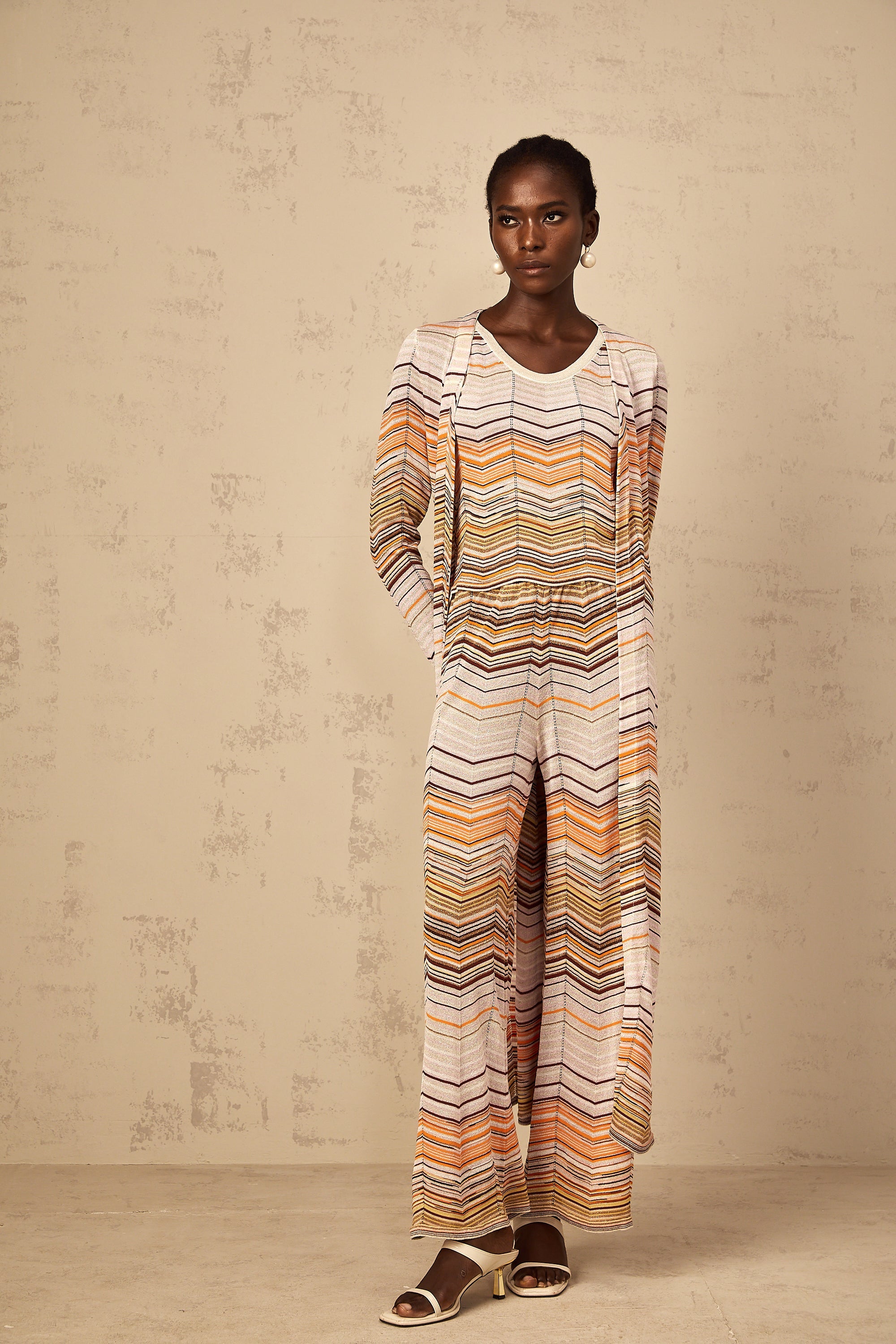 Chloé Neutral Striped Knit Long Cardigan